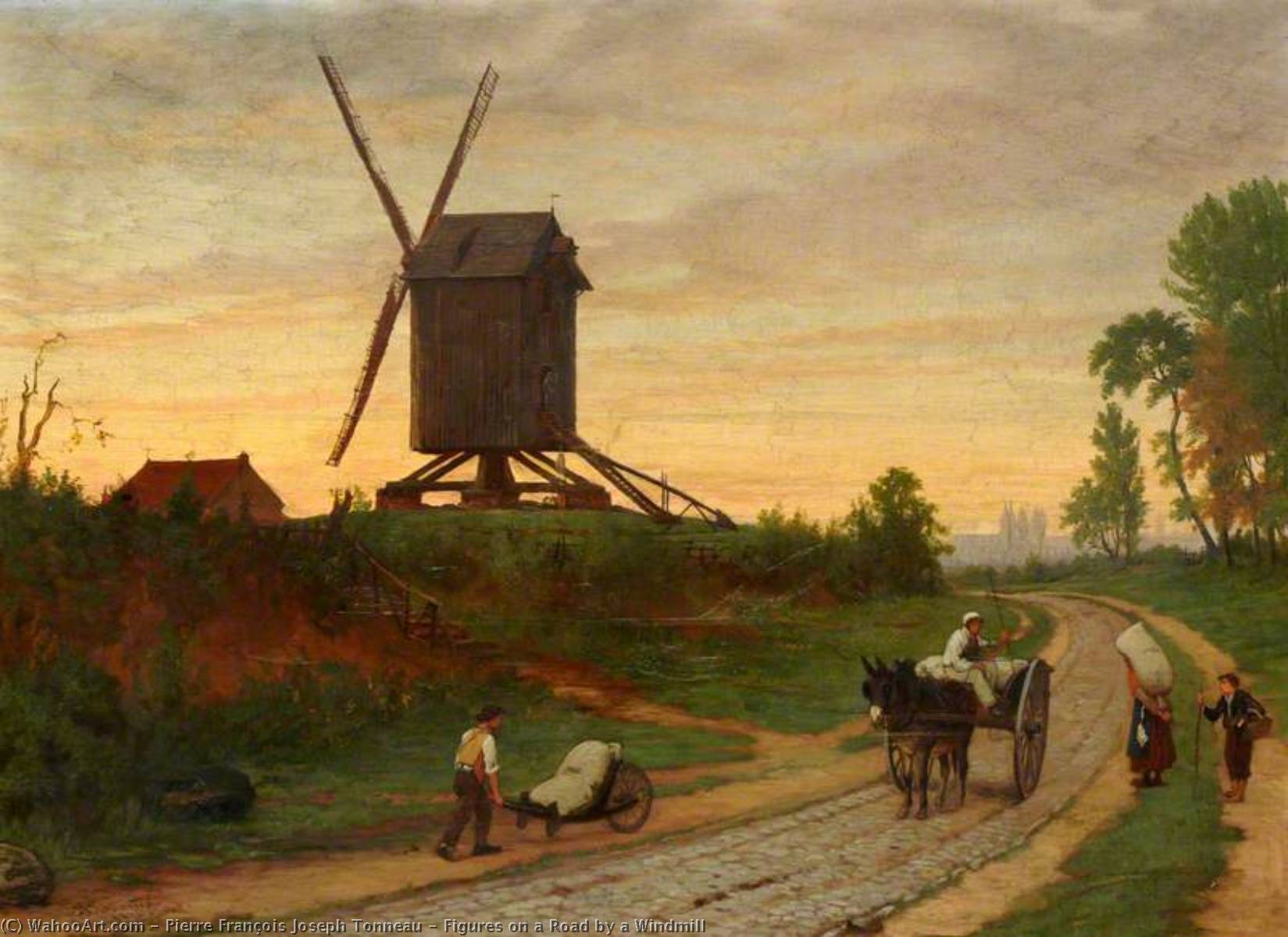 Wikioo.org - The Encyclopedia of Fine Arts - Painting, Artwork by Pierre François Joseph Tonneau - Figures on a Road by a Windmill
