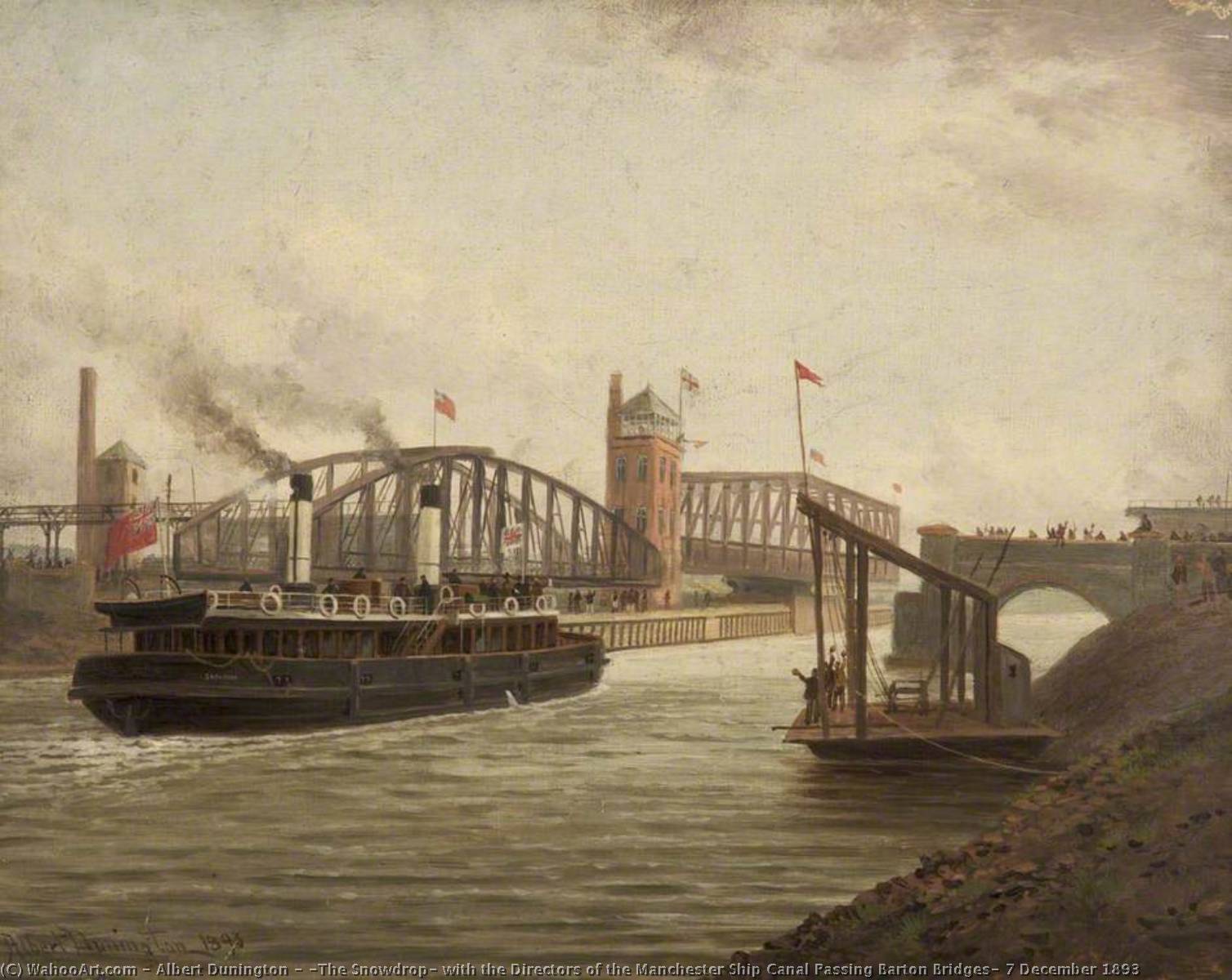 Wikioo.org - The Encyclopedia of Fine Arts - Painting, Artwork by Albert Dunington - 'The Snowdrop' with the Directors of the Manchester Ship Canal Passing Barton Bridges, 7 December 1893
