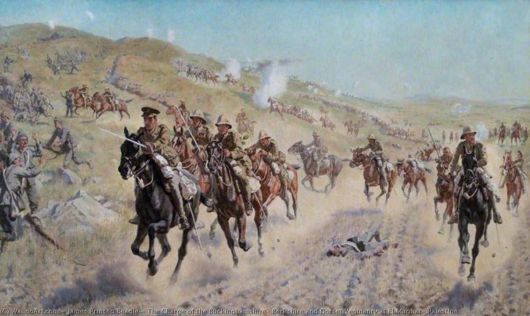 Wikioo.org - The Encyclopedia of Fine Arts - Painting, Artwork by James Prinsep Beadle - The Charge of the Buckinghamshire, Berkshire and Dorset Yeomanry at El Mughar, Palestine