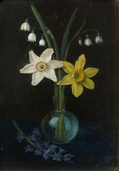 Wikioo.org - The Encyclopedia of Fine Arts - Painting, Artwork by Alfred Balding - Four Natives of Ancient Britain, Daffodils, Narcissi, Lily of the Valley and Bluebells