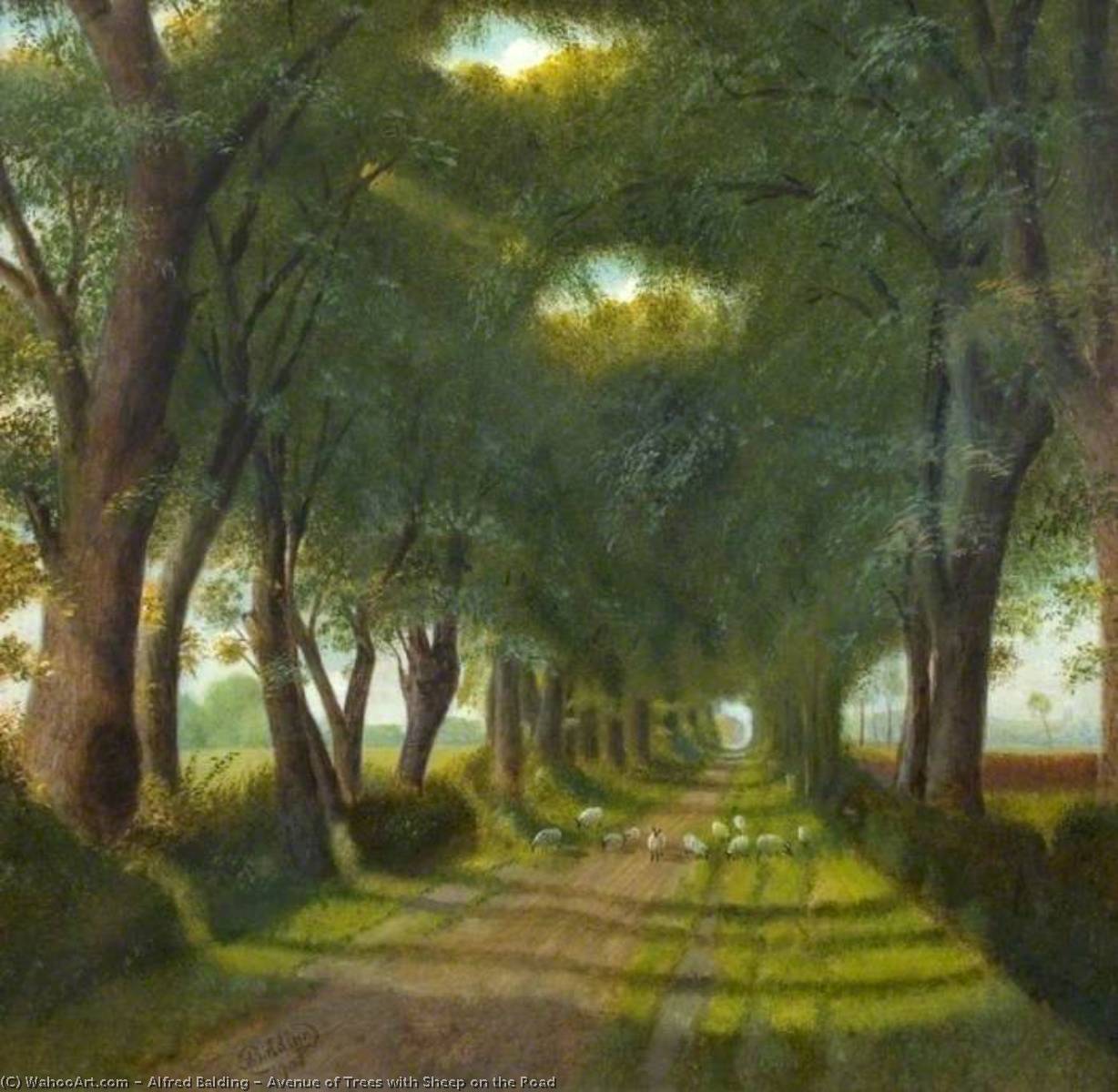 Wikioo.org - The Encyclopedia of Fine Arts - Painting, Artwork by Alfred Balding - Avenue of Trees with Sheep on the Road