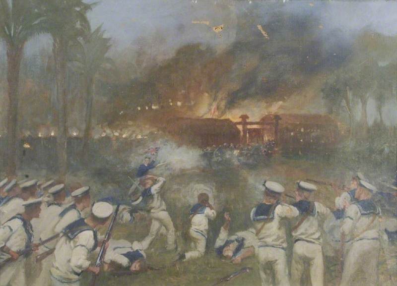 Wikioo.org - The Encyclopedia of Fine Arts - Painting, Artwork by Niels Møller Lund - Attack on the Japanese Battery at Shimonoseki by a Naval Brigade, September 1864