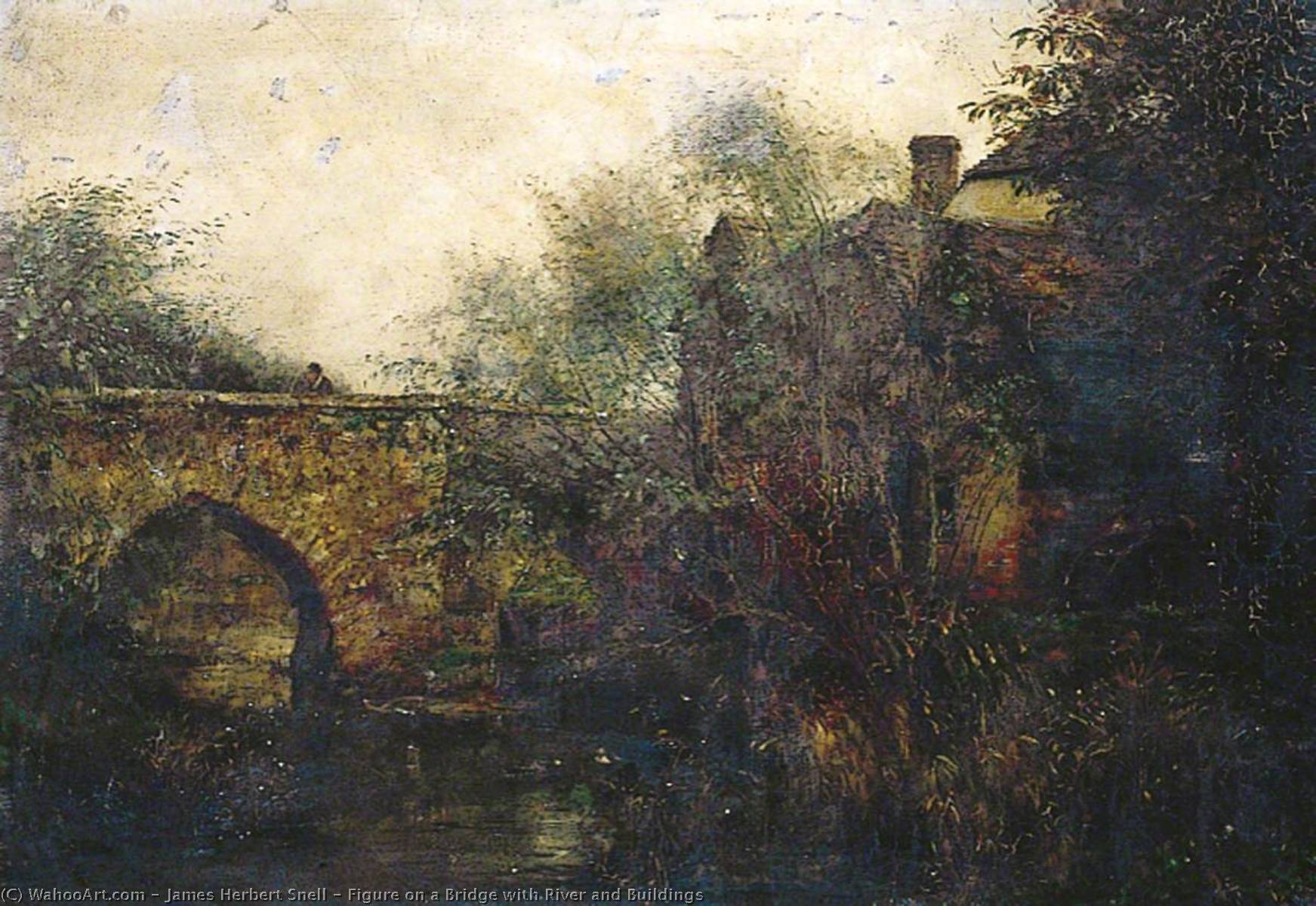Wikioo.org - The Encyclopedia of Fine Arts - Painting, Artwork by James Herbert Snell - Figure on a Bridge with River and Buildings