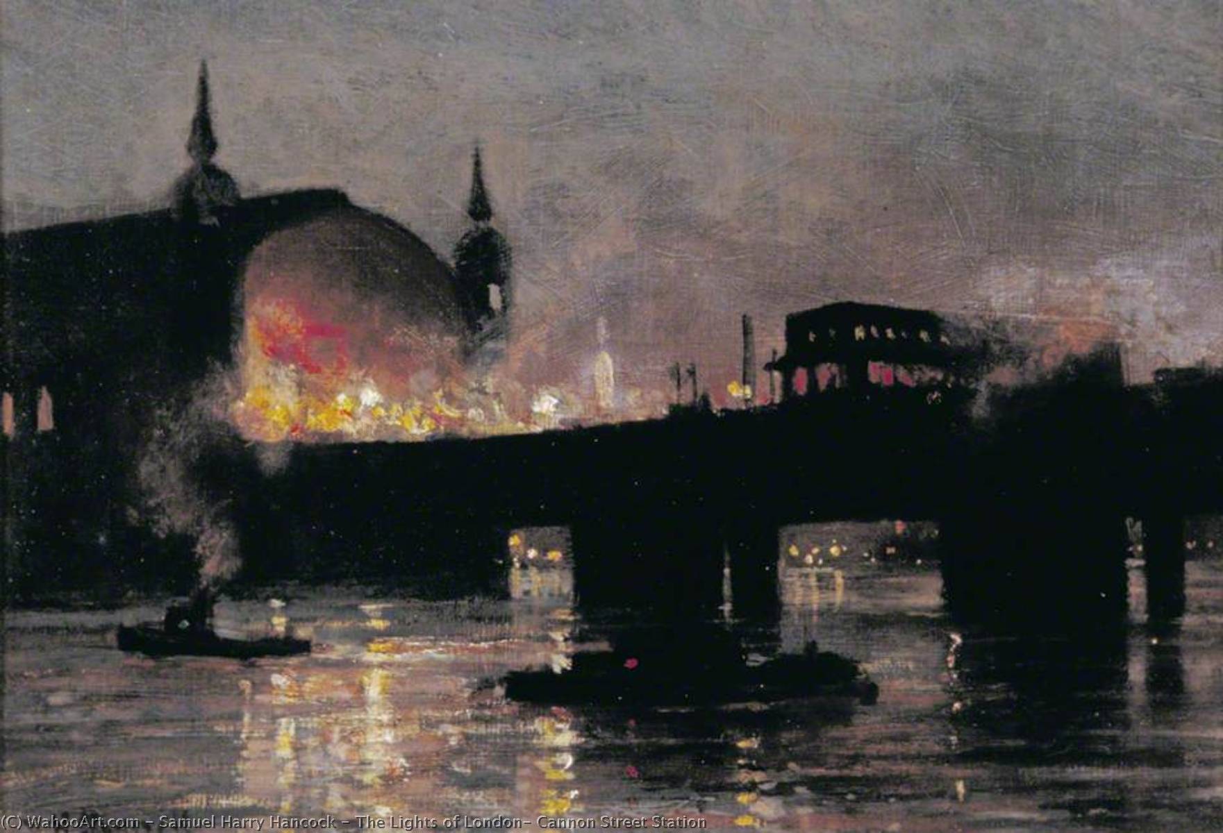 Wikioo.org – L'Encyclopédie des Beaux Arts - Peinture, Oeuvre de Samuel Harry Hancock - les lumières de  Londres  canon  rue  gare