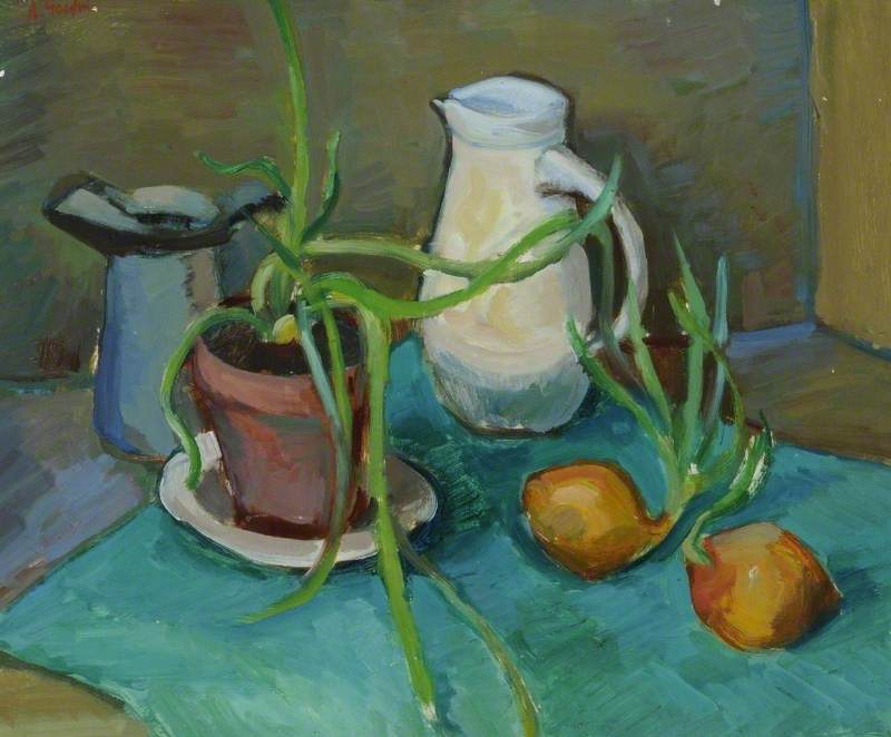 Wikioo.org - The Encyclopedia of Fine Arts - Painting, Artwork by Arthur Goodwin - Still Life, White Jug and Onions