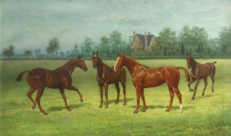 Wikioo.org - The Encyclopedia of Fine Arts - Painting, Artwork by Thomas Hall - 'Lockey', 'Lady Abbess', 'Beatrice' and 'Mahomet' Four Horses in a Field