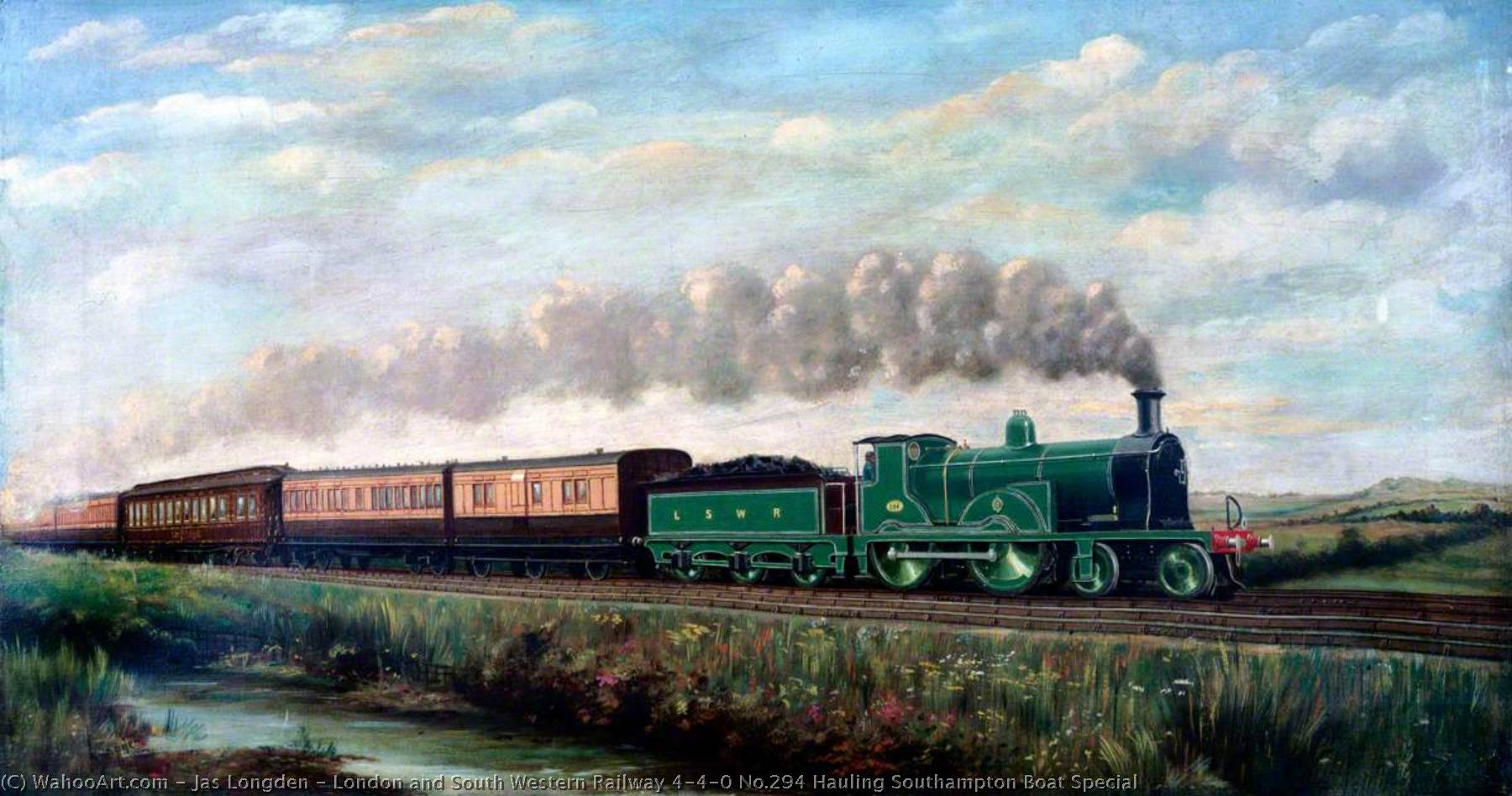Wikioo.org - The Encyclopedia of Fine Arts - Painting, Artwork by Jas Longden - London and South Western Railway 4–4–0 No.294 Hauling Southampton Boat Special