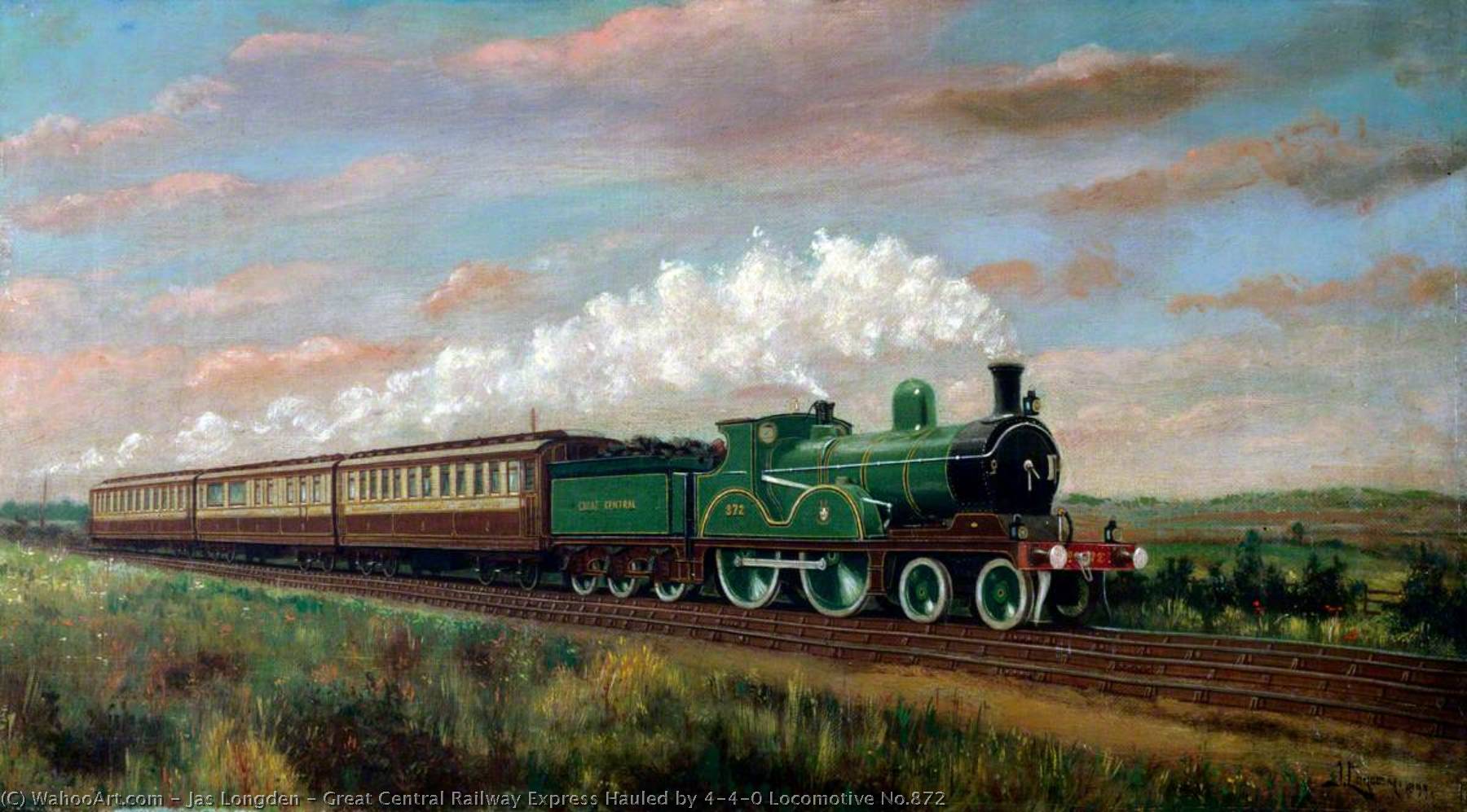 Wikioo.org - The Encyclopedia of Fine Arts - Painting, Artwork by Jas Longden - Great Central Railway Express Hauled by 4–4–0 Locomotive No.872