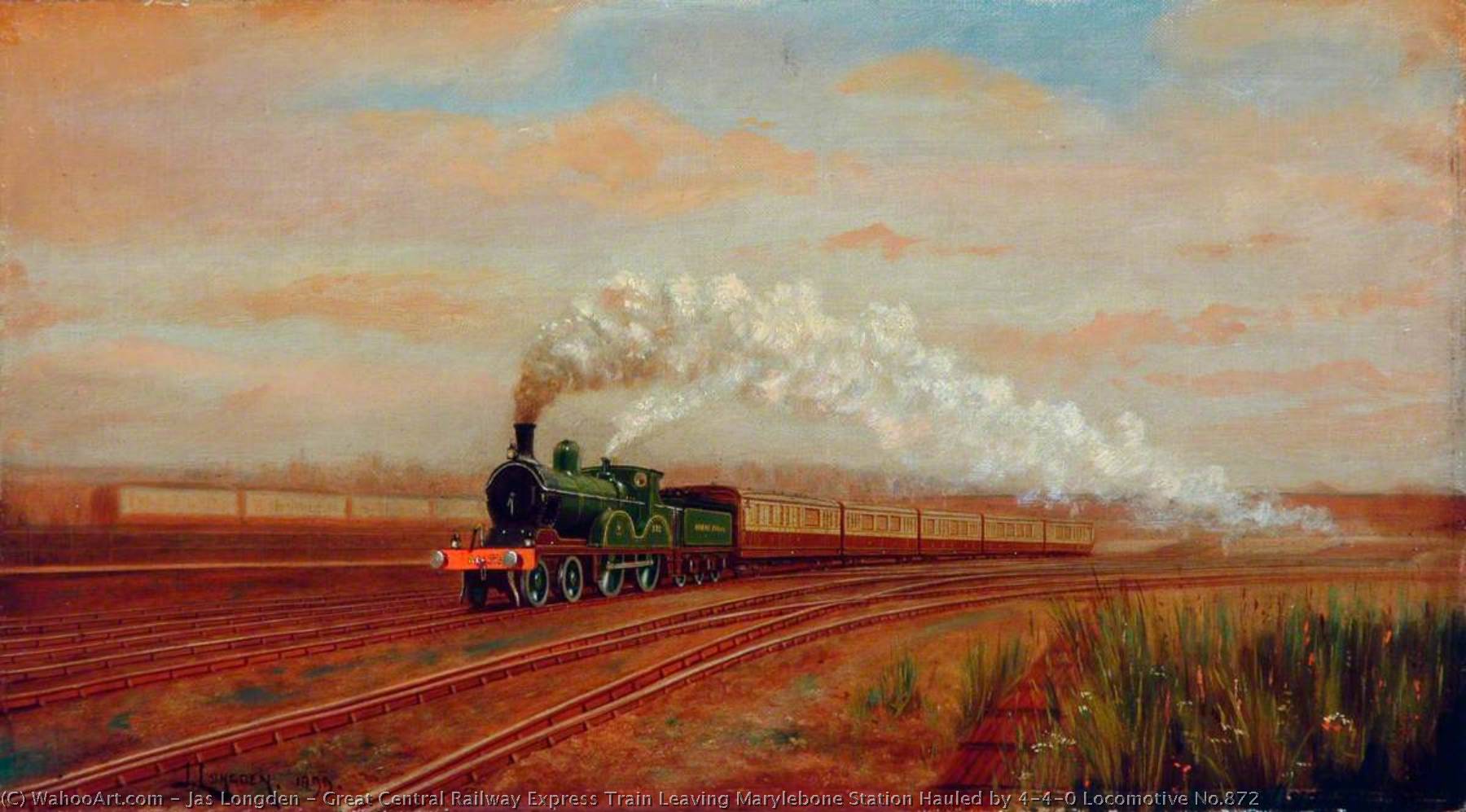 Wikioo.org - The Encyclopedia of Fine Arts - Painting, Artwork by Jas Longden - Great Central Railway Express Train Leaving Marylebone Station Hauled by 4–4–0 Locomotive No.872