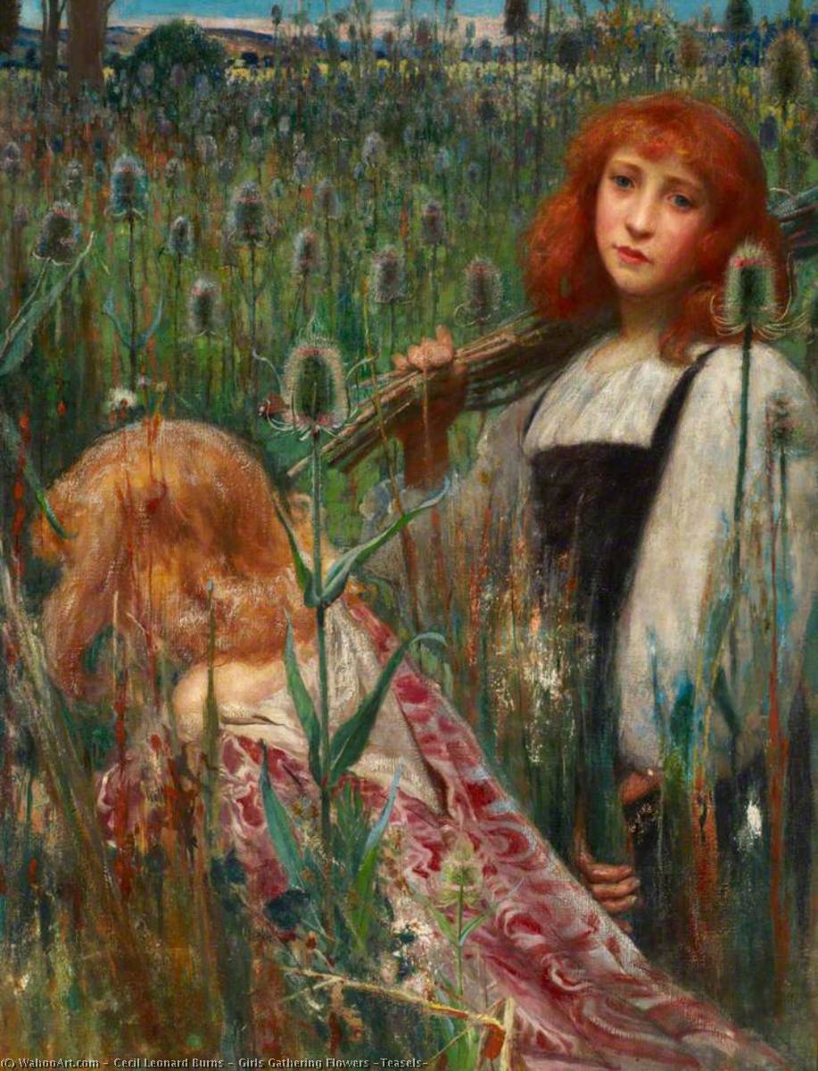 Wikioo.org - The Encyclopedia of Fine Arts - Painting, Artwork by Cecil Leonard Burns - Girls Gathering Flowers (Teasels)