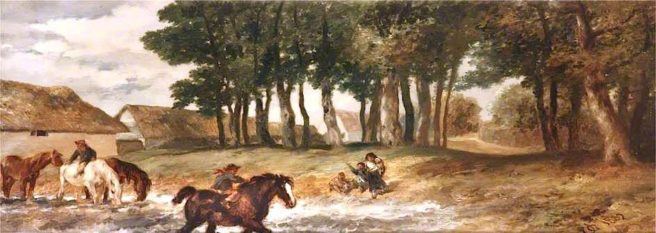 Wikioo.org - The Encyclopedia of Fine Arts - Painting, Artwork by John Gilbert - The Horse Pond at Tarring, Sussex