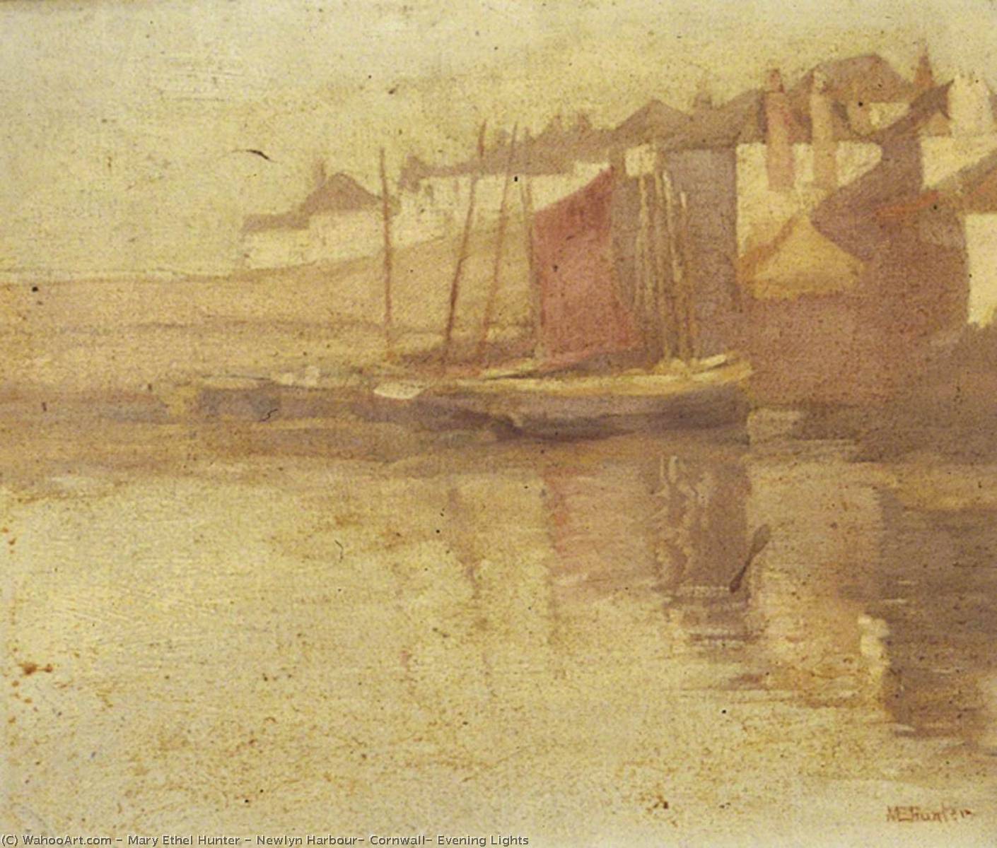 Wikioo.org - The Encyclopedia of Fine Arts - Painting, Artwork by Mary Ethel Hunter - Newlyn Harbour, Cornwall, Evening Lights