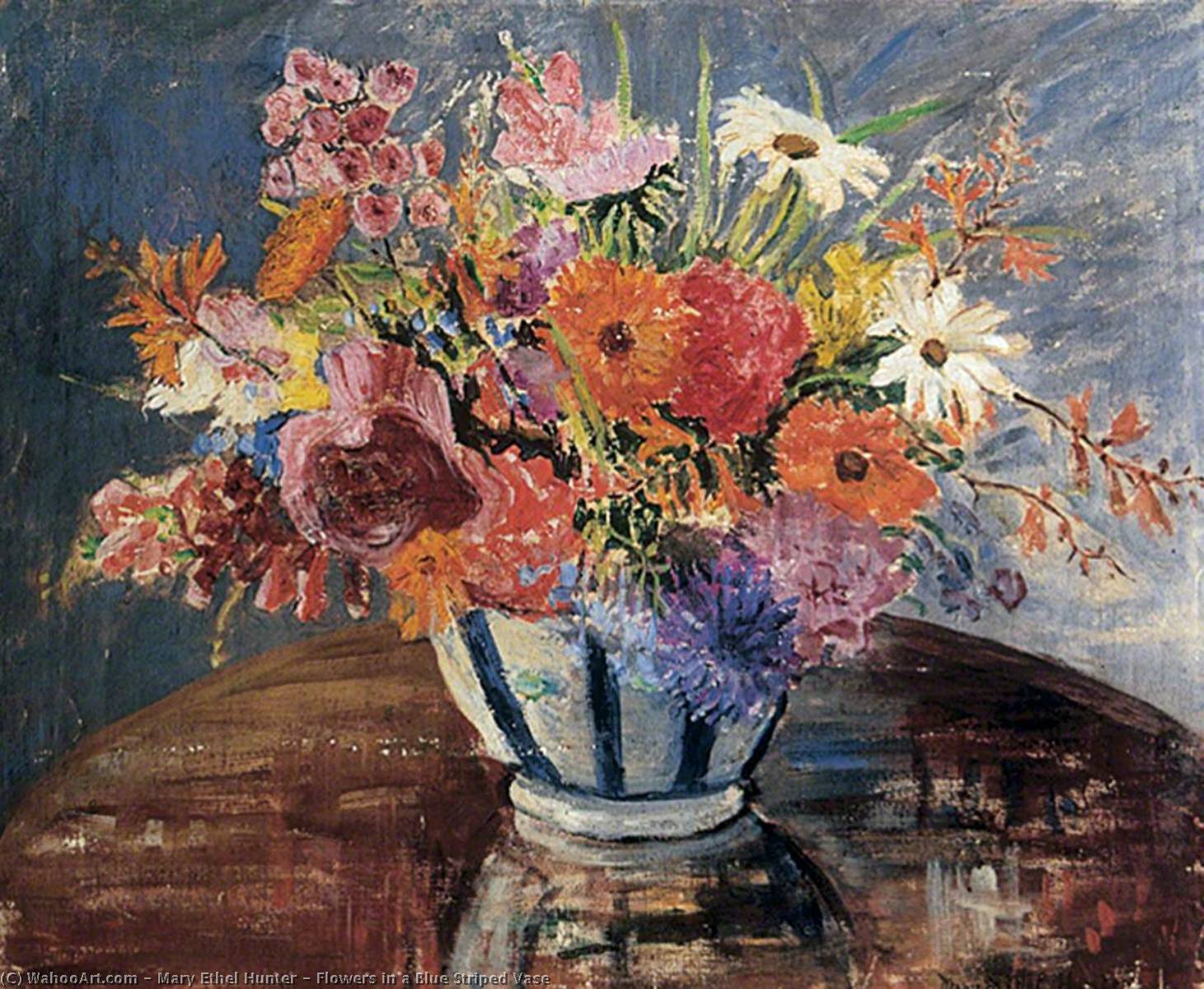 Wikioo.org - The Encyclopedia of Fine Arts - Painting, Artwork by Mary Ethel Hunter - Flowers in a Blue Striped Vase