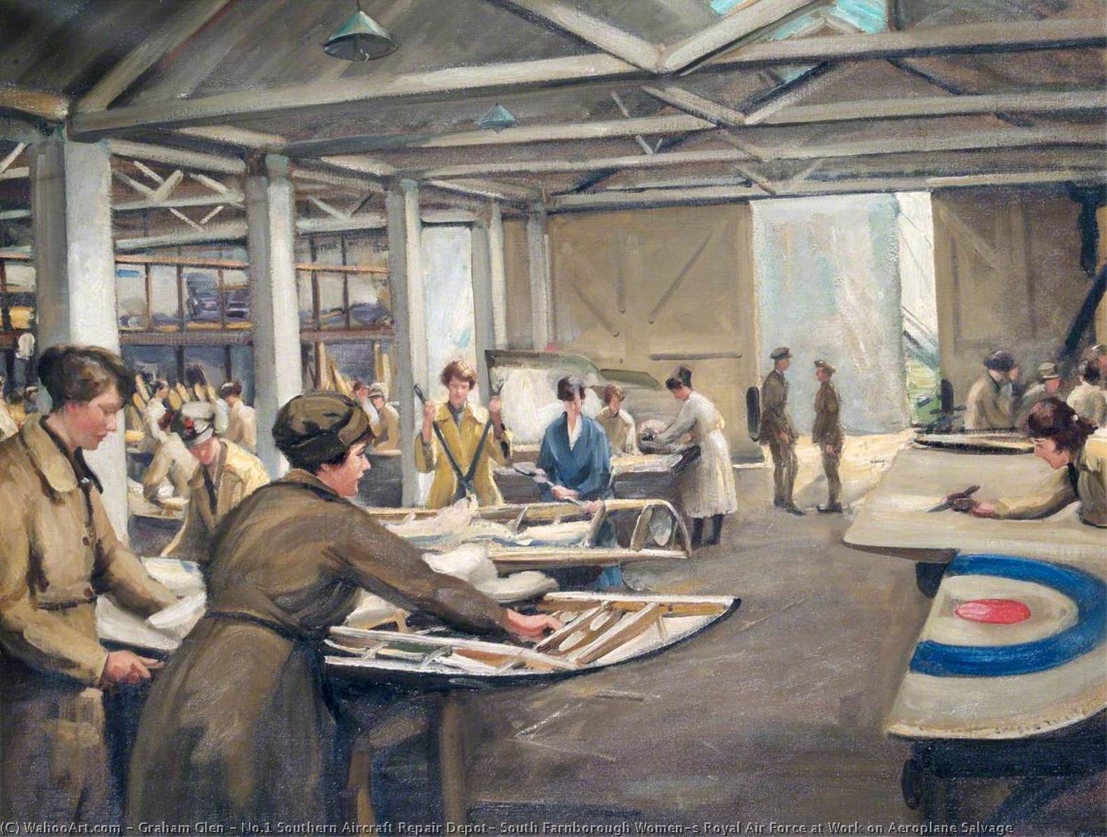 Wikioo.org - The Encyclopedia of Fine Arts - Painting, Artwork by Graham Glen - No.1 Southern Aircraft Repair Depot, South Farnborough Women's Royal Air Force at Work on Aeroplane Salvage