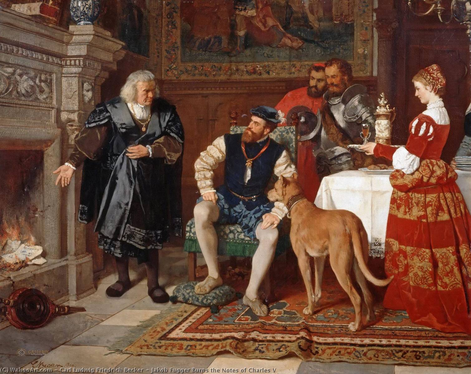 Wikioo.org - The Encyclopedia of Fine Arts - Painting, Artwork by Carl Ludwig Friedrich Becker - Jakob Fugger Burns the Notes of Charles V