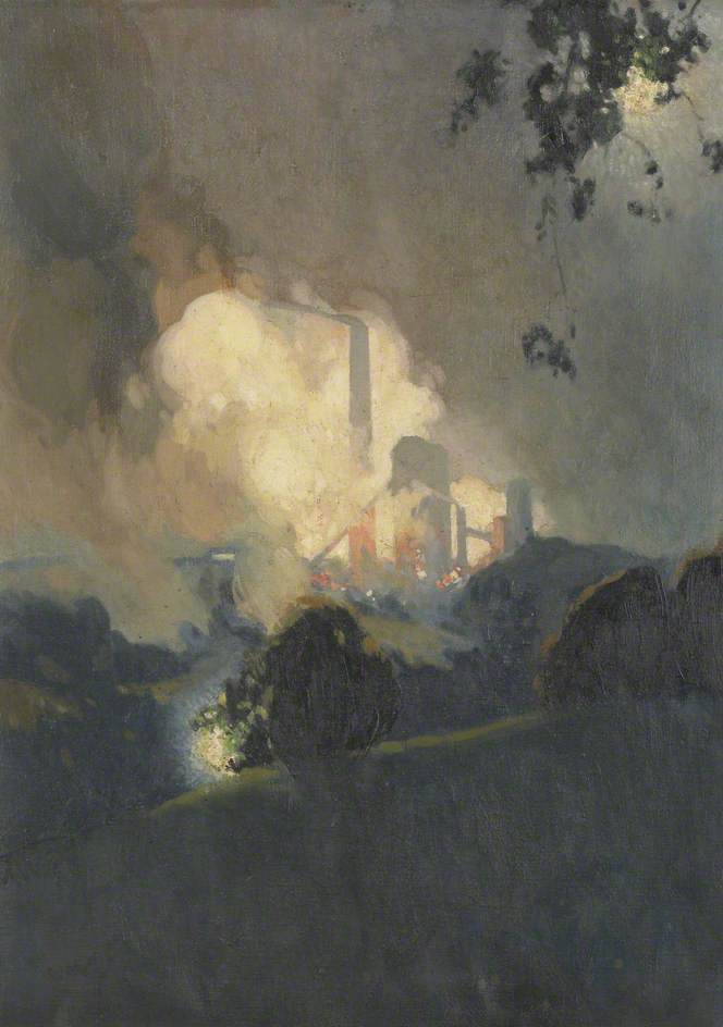 Wikioo.org - The Encyclopedia of Fine Arts - Painting, Artwork by James Durden - The German Submarine Attack – Coke Ovens on Fire at Harrington