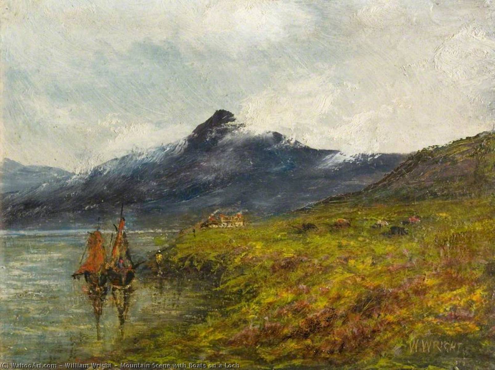 Wikioo.org - The Encyclopedia of Fine Arts - Painting, Artwork by William Wright - Mountain Scene with Boats on a Loch