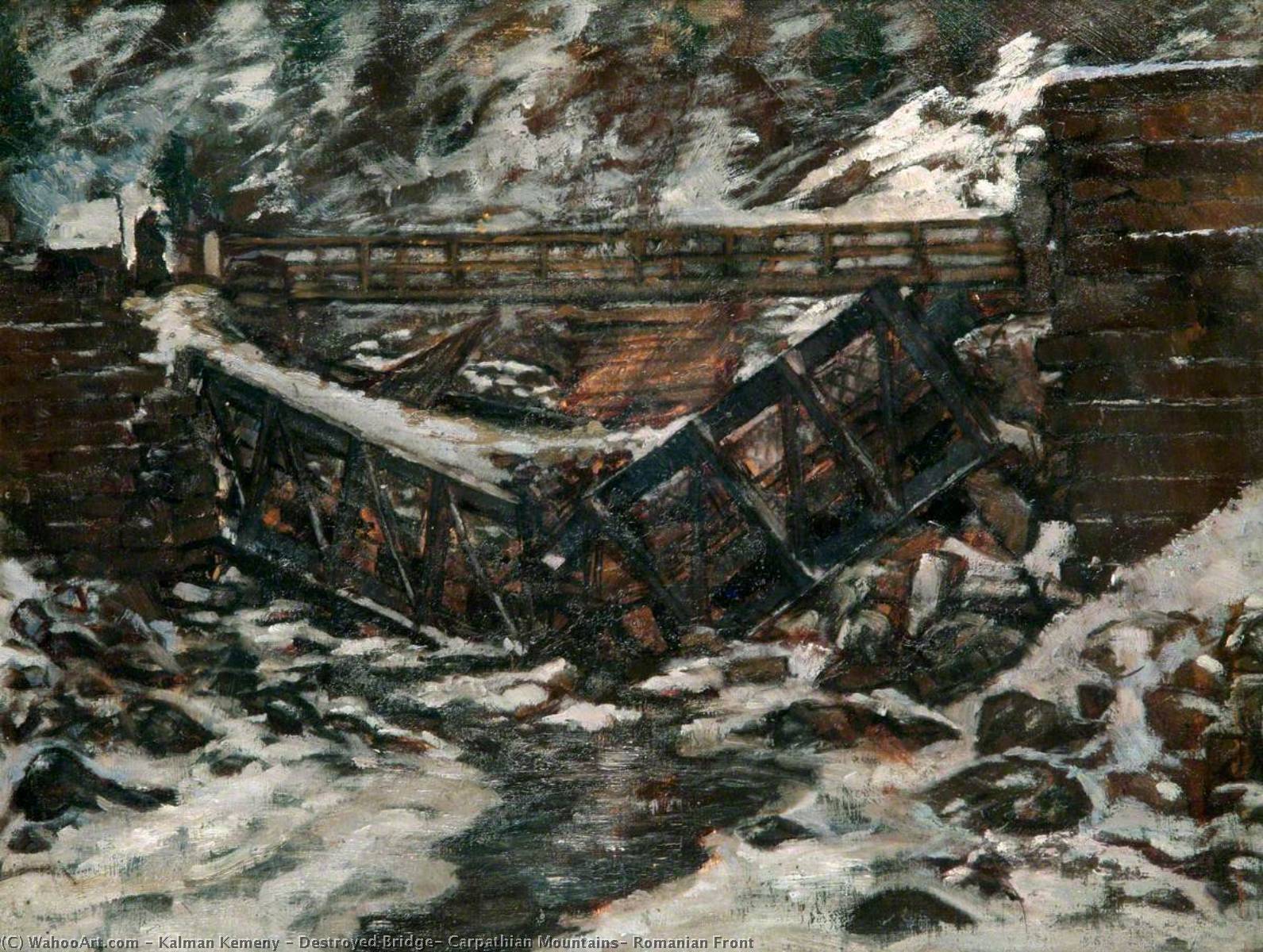 Wikioo.org - The Encyclopedia of Fine Arts - Painting, Artwork by Kalman Kemeny - Destroyed Bridge, Carpathian Mountains, Romanian Front