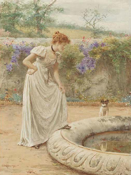 WikiOO.org - Encyclopedia of Fine Arts - Maleri, Artwork George Goodwin Kilburne - A lady and her dog looking into a fish pond