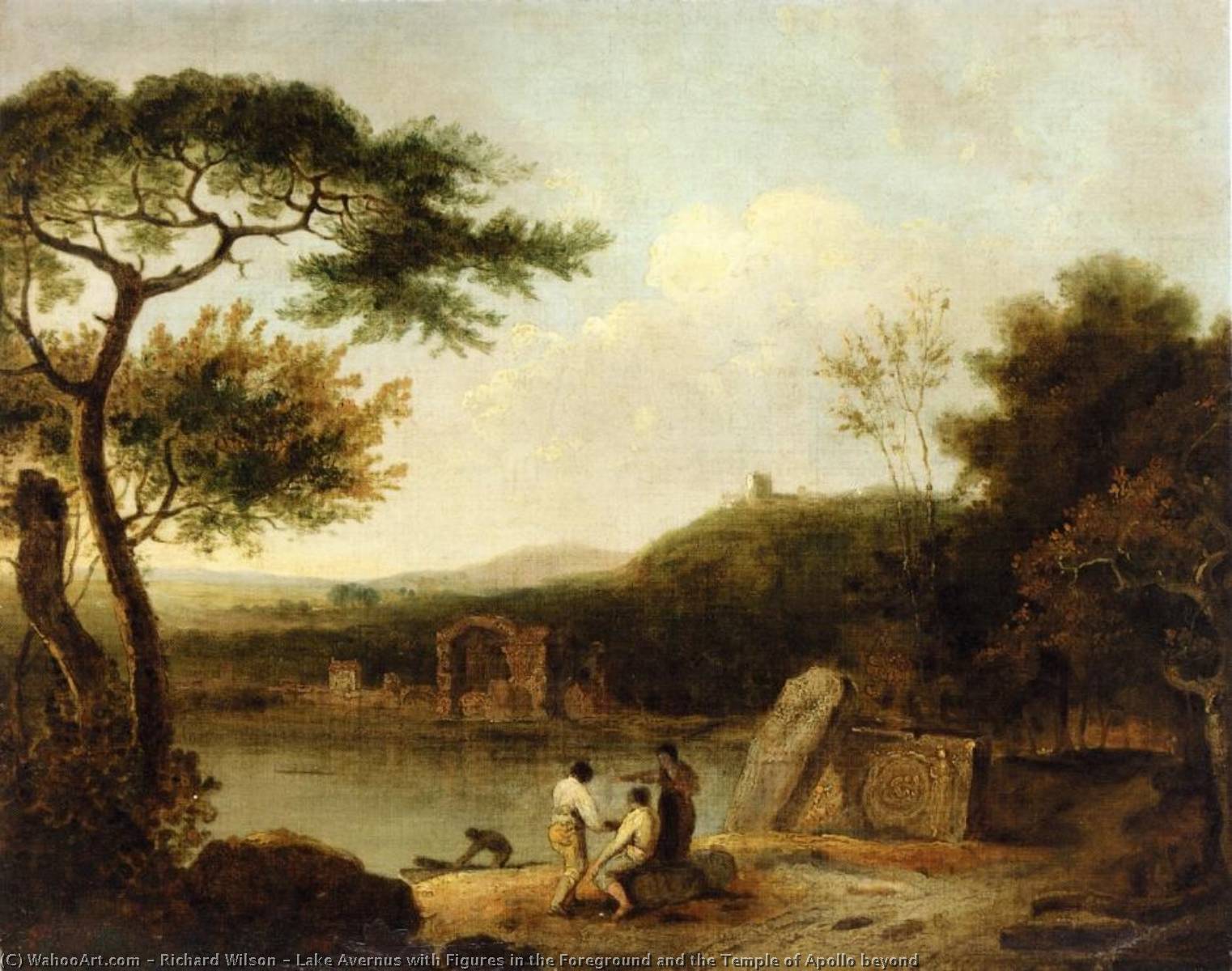 Wikioo.org - The Encyclopedia of Fine Arts - Painting, Artwork by Richard Wilson - Lake Avernus with Figures in the Foreground and the Temple of Apollo beyond