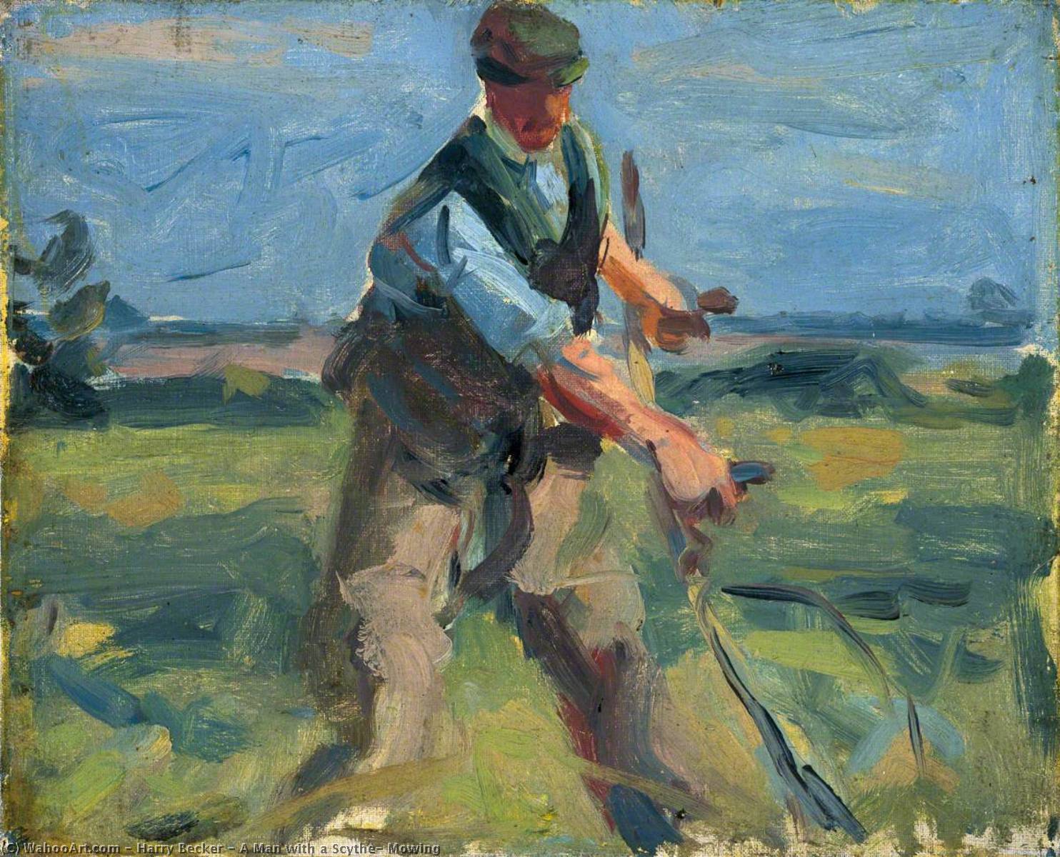 Wikioo.org - The Encyclopedia of Fine Arts - Painting, Artwork by Harry Becker - A Man with a Scythe, Mowing