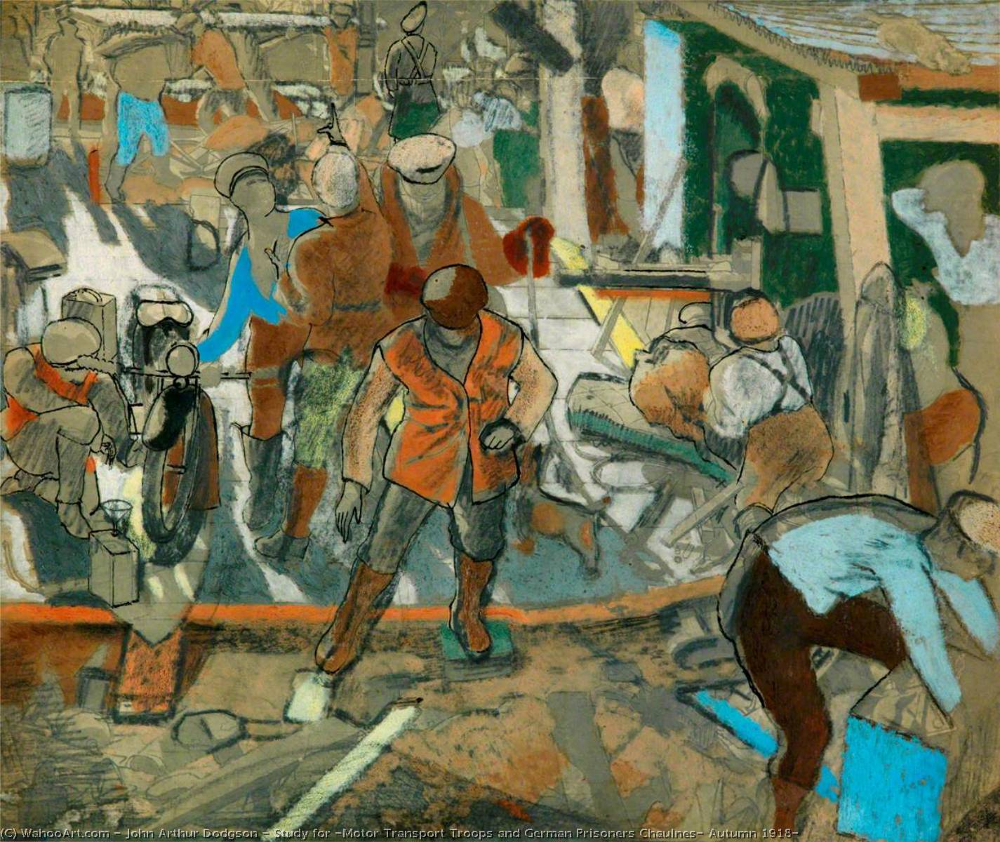 WikiOO.org - Encyclopedia of Fine Arts - Lukisan, Artwork John Arthur Dodgson - Study for 'Motor Transport Troops and German Prisoners Chaulnes, Autumn 1918'