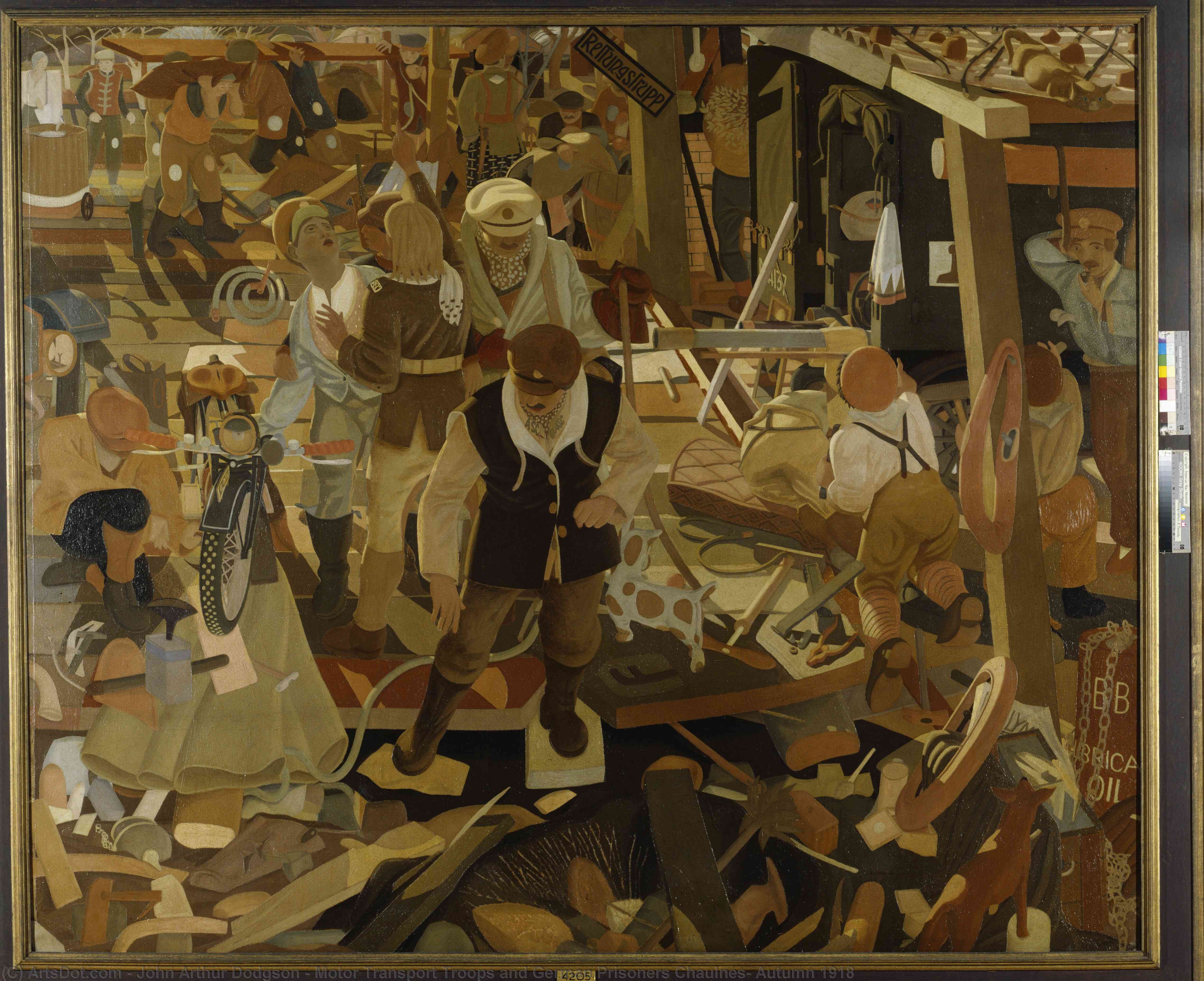 Wikoo.org - موسوعة الفنون الجميلة - اللوحة، العمل الفني John Arthur Dodgson - Motor Transport Troops and German Prisoners Chaulnes, Autumn 1918
