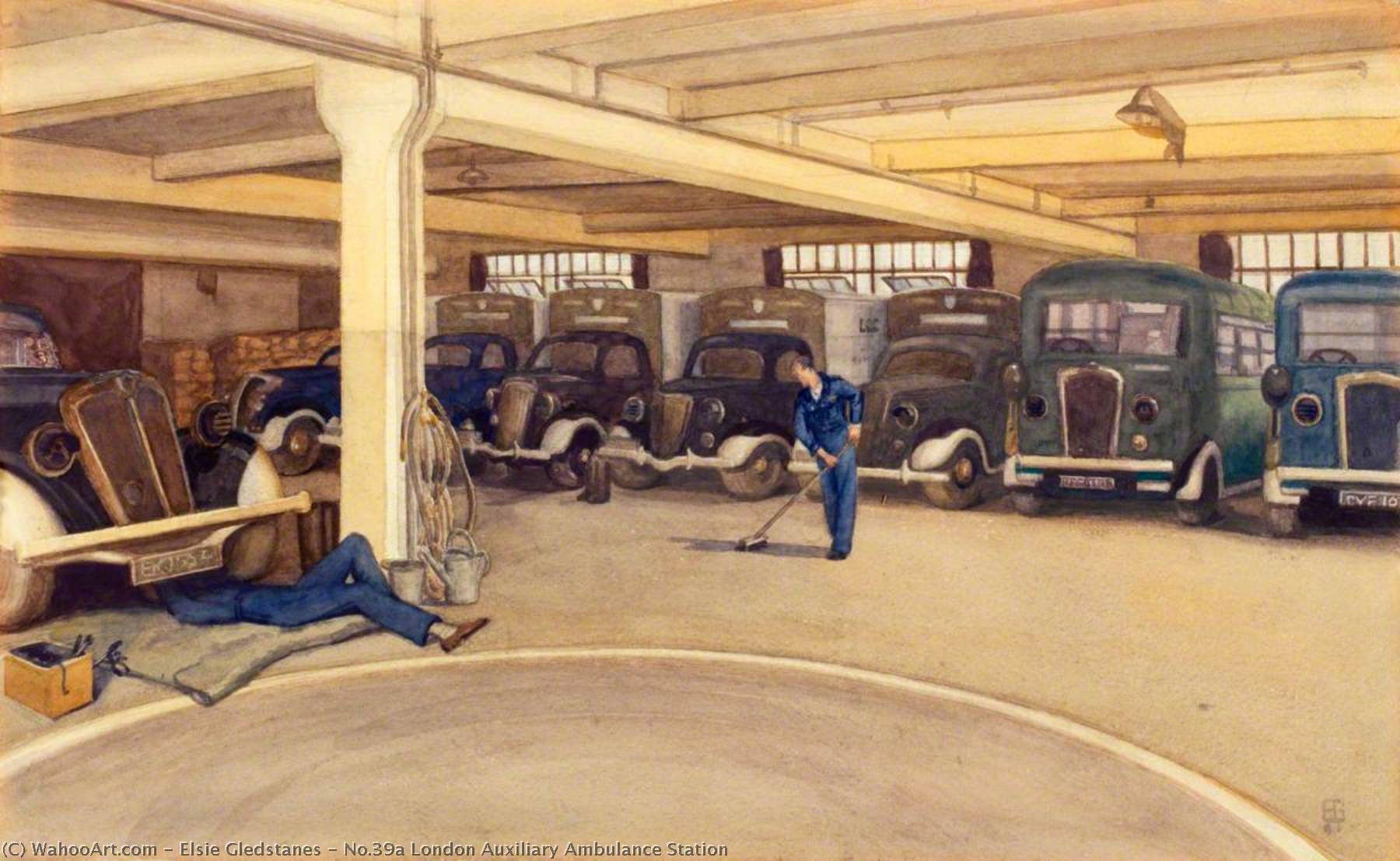 Wikioo.org - The Encyclopedia of Fine Arts - Painting, Artwork by Elsie Gledstanes - No.39a London Auxiliary Ambulance Station