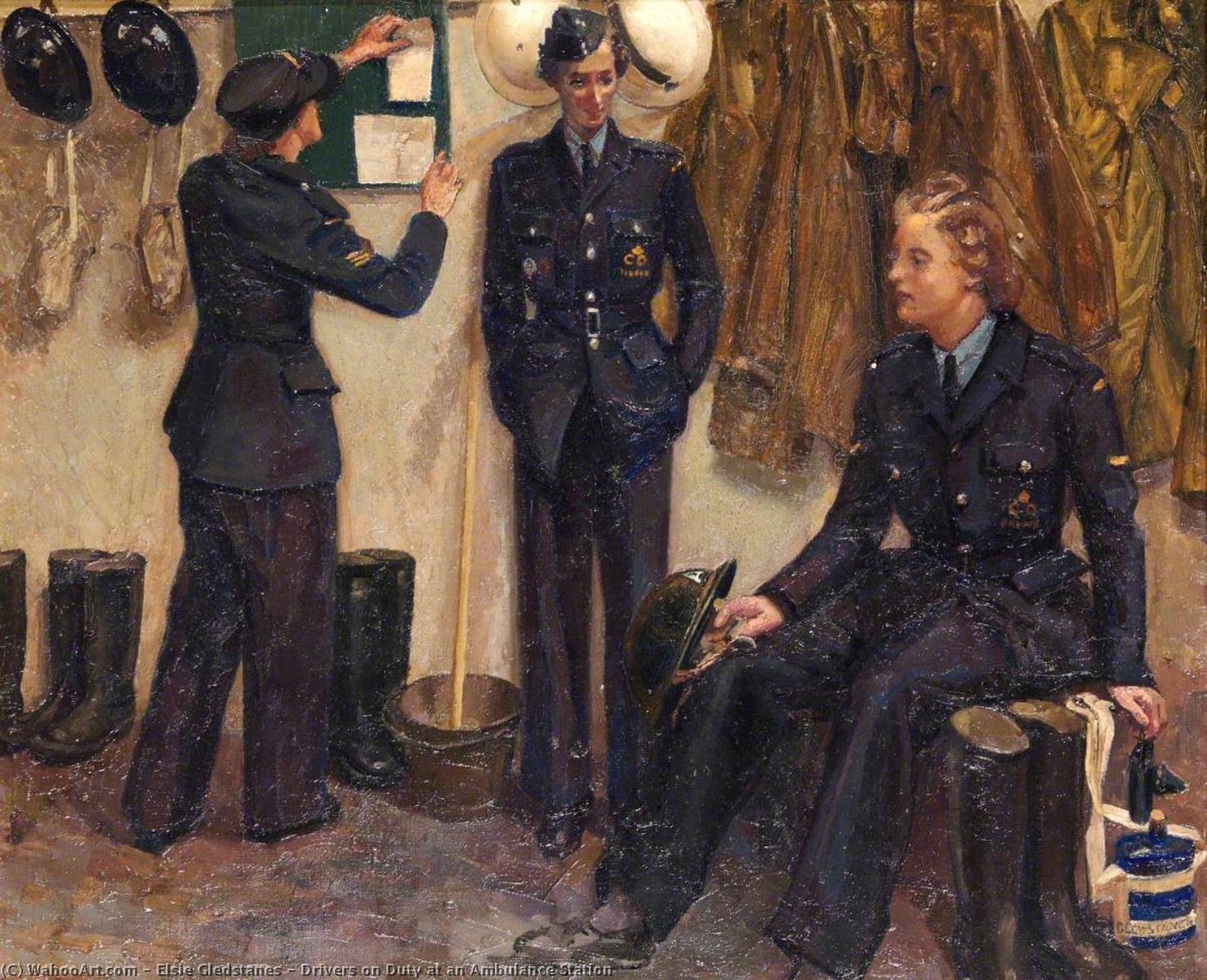 Wikioo.org - The Encyclopedia of Fine Arts - Painting, Artwork by Elsie Gledstanes - Drivers on Duty at an Ambulance Station