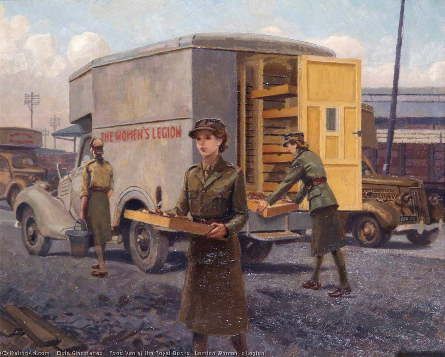 Wikioo.org - The Encyclopedia of Fine Arts - Painting, Artwork by Elsie Gledstanes - Food Van at the Royal Docks, London Women's Legion