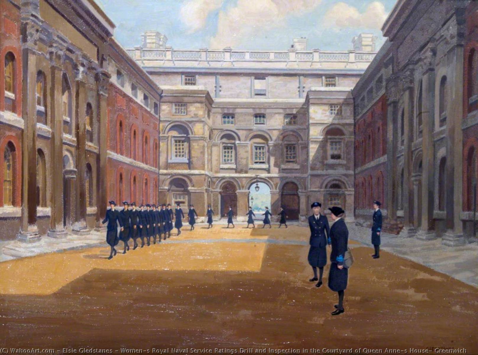 Wikioo.org - The Encyclopedia of Fine Arts - Painting, Artwork by Elsie Gledstanes - Women's Royal Naval Service Ratings Drill and Inspection in the Courtyard of Queen Anne's House, Greenwich