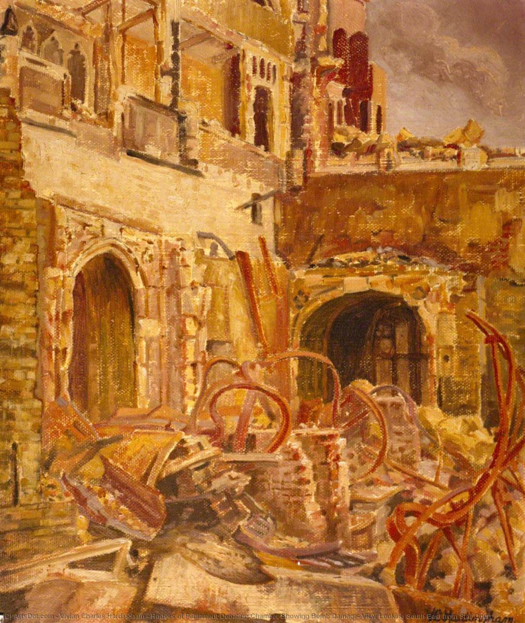 Wikioo.org - The Encyclopedia of Fine Arts - Painting, Artwork by Vivian Charles Hardingham - Houses of Parliament Debating Chamber Showing Bomb Damage, View Looking South East from Star Court