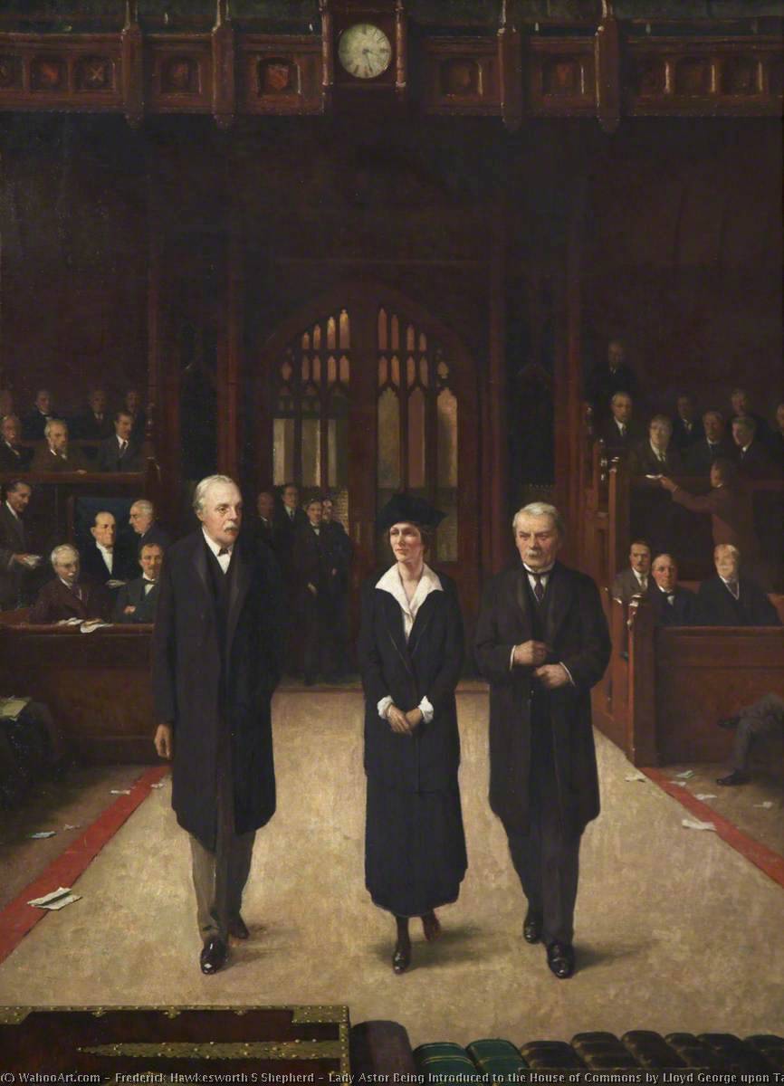 Wikioo.org - The Encyclopedia of Fine Arts - Painting, Artwork by Frederick Hawkesworth S Shepherd - Lady Astor Being Introduced to the House of Commons by Lloyd George upon Taking Her Seat