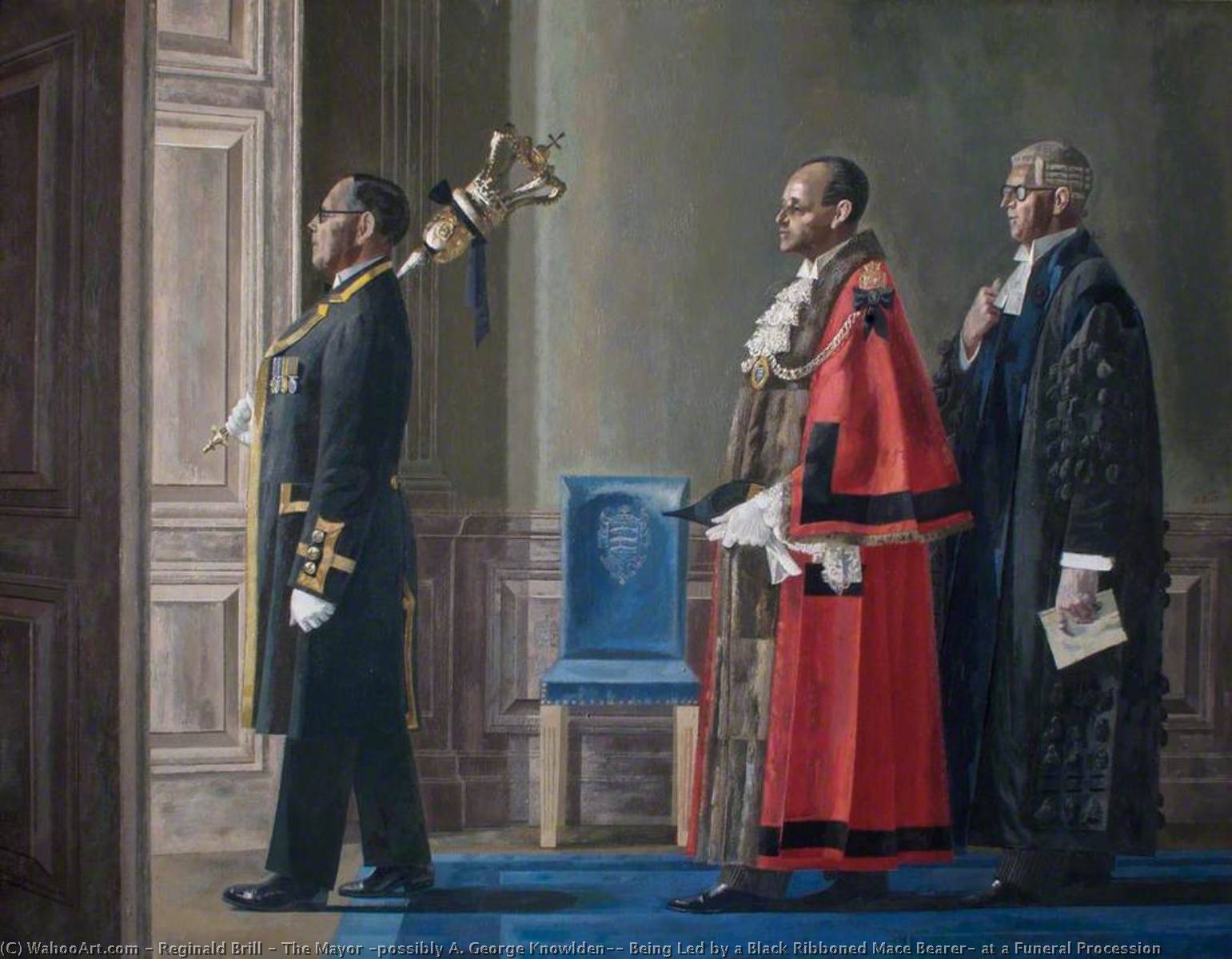 Wikioo.org - The Encyclopedia of Fine Arts - Painting, Artwork by Reginald Brill - The Mayor (possibly A. George Knowlden), Being Led by a Black Ribboned Mace Bearer, at a Funeral Procession