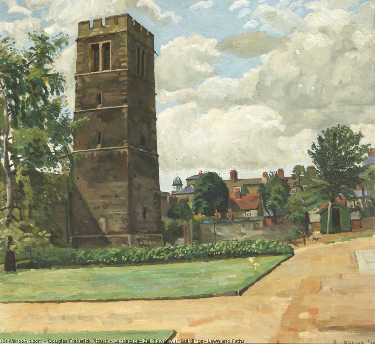 Wikioo.org - The Encyclopedia of Fine Arts - Painting, Artwork by Douglas Frederick Pittuck - Landscape, Bell Tower with Buildings, Lawn and Paths