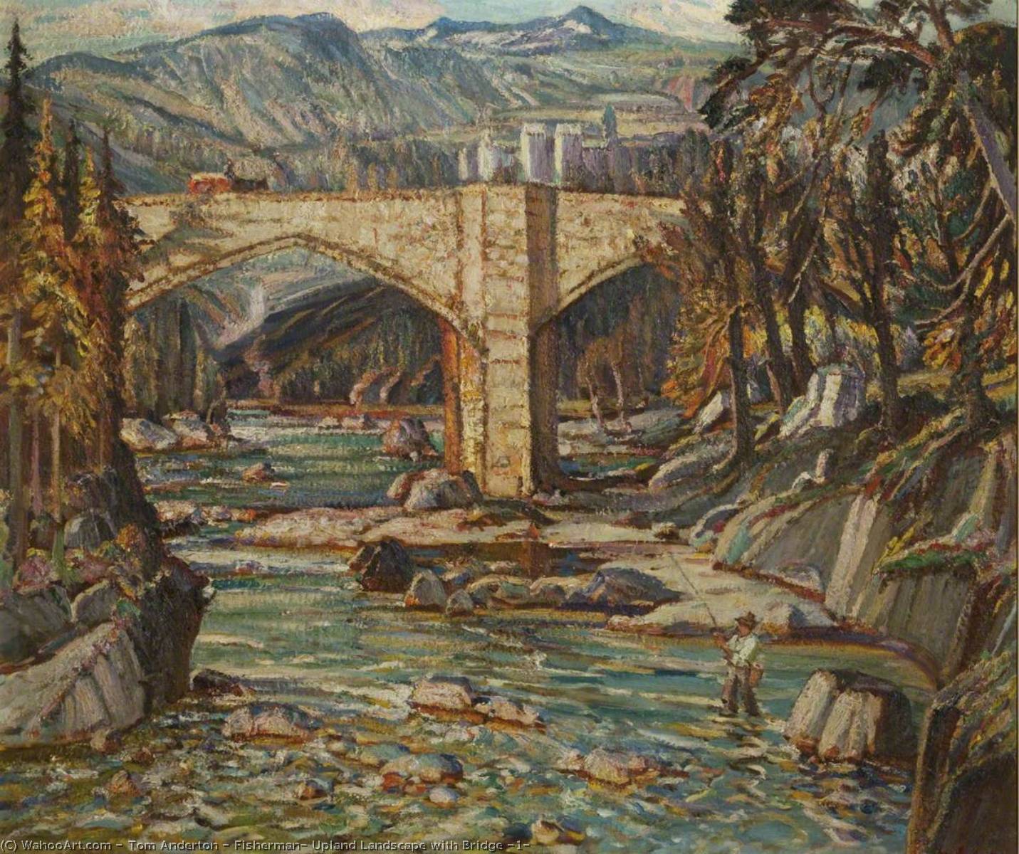 Wikioo.org - The Encyclopedia of Fine Arts - Painting, Artwork by Tom Anderton - Fisherman, Upland Landscape with Bridge (1)