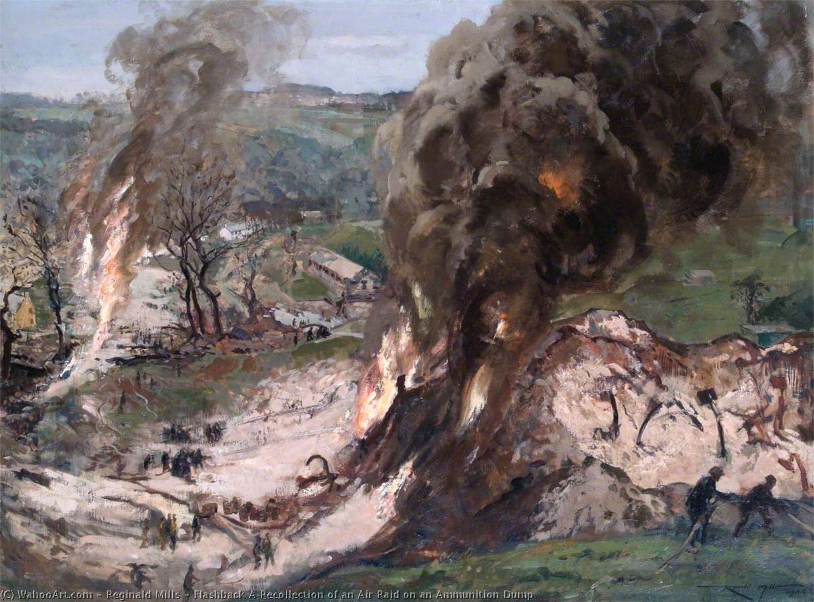 Wikioo.org - The Encyclopedia of Fine Arts - Painting, Artwork by Reginald Mills - Flashback A Recollection of an Air Raid on an Ammunition Dump