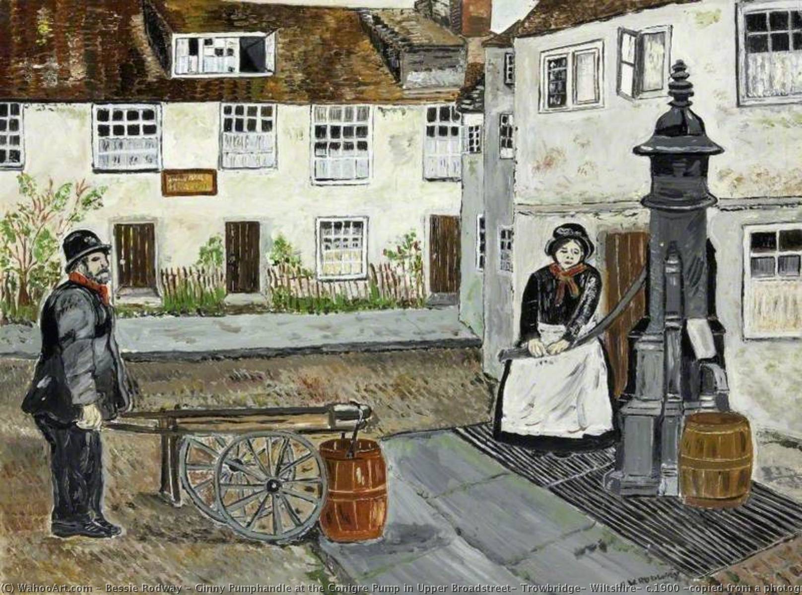 Wikioo.org - The Encyclopedia of Fine Arts - Painting, Artwork by Bessie Rodway - Ginny Pumphandle at the Conigre Pump in Upper Broadstreet, Trowbridge, Wiltshire, c.1900 (copied from a photograph or postcard)