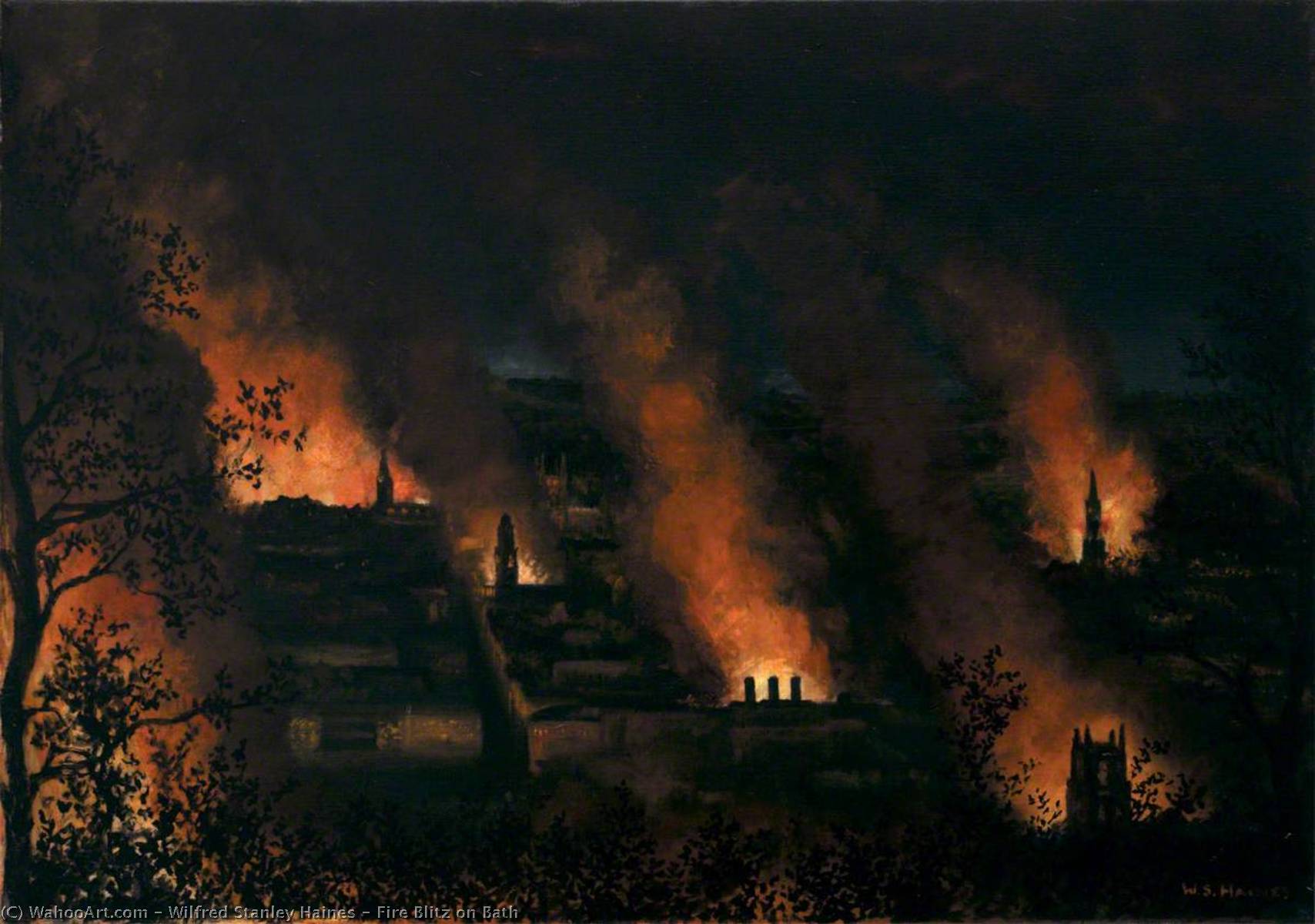 Wikioo.org - The Encyclopedia of Fine Arts - Painting, Artwork by Wilfred Stanley Haines - Fire Blitz on Bath
