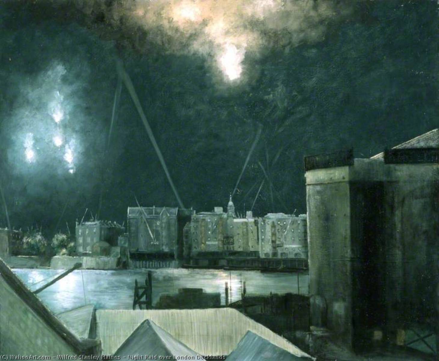 Wikioo.org - The Encyclopedia of Fine Arts - Painting, Artwork by Wilfred Stanley Haines - Night Raid over London Docklands