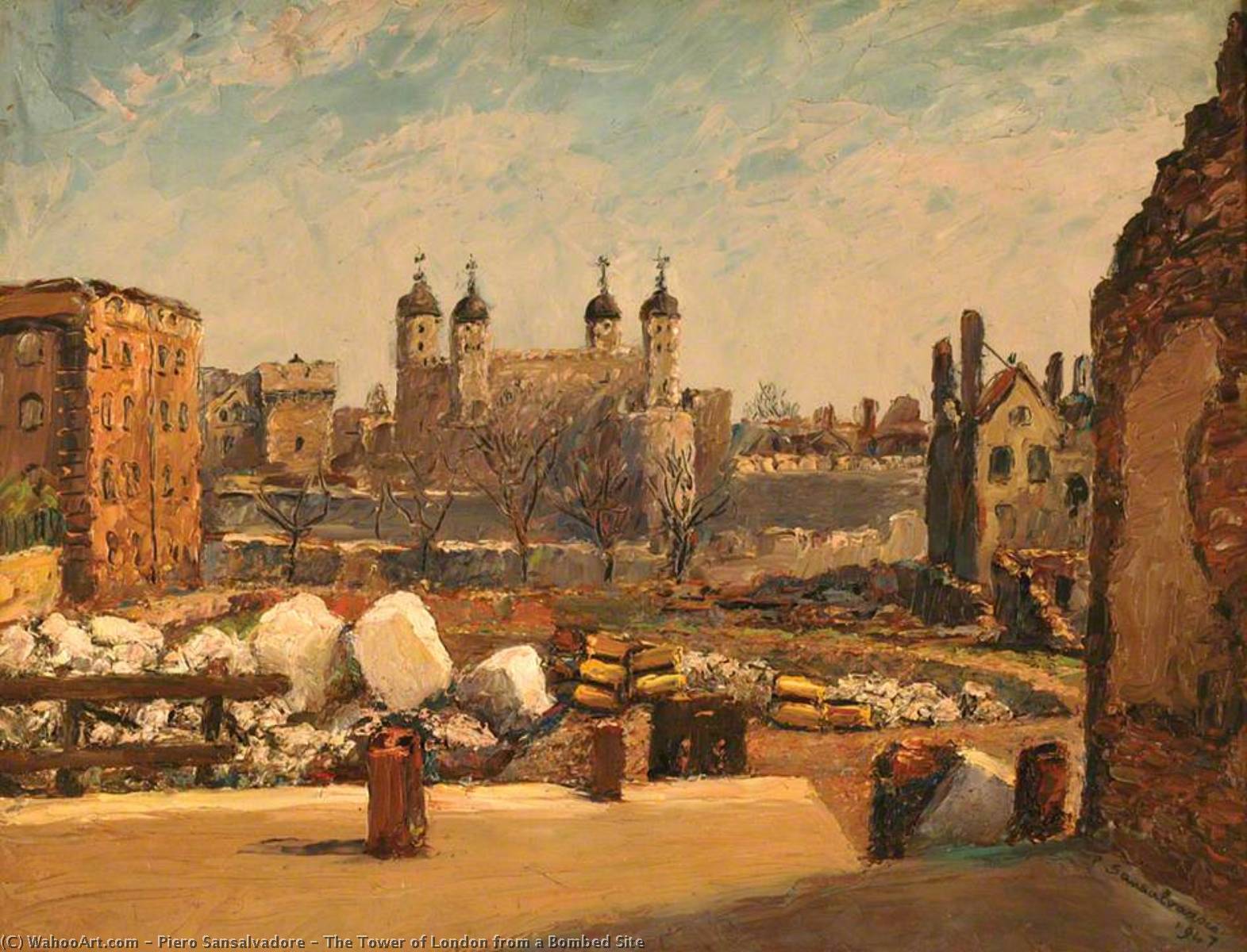 Wikioo.org - The Encyclopedia of Fine Arts - Painting, Artwork by Piero Sansalvadore - The Tower of London from a Bombed Site