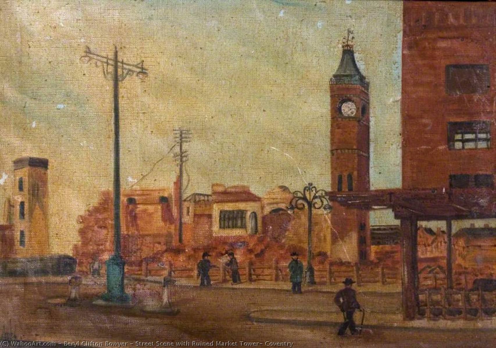 Wikioo.org - The Encyclopedia of Fine Arts - Painting, Artwork by Beryl Clifton Bowyer - Street Scene with Ruined Market Tower, Coventry