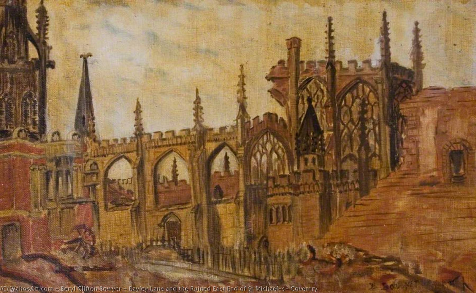 Wikioo.org - The Encyclopedia of Fine Arts - Painting, Artwork by Beryl Clifton Bowyer - Bayley Lane and the Ruined East End of St Michael's, Coventry