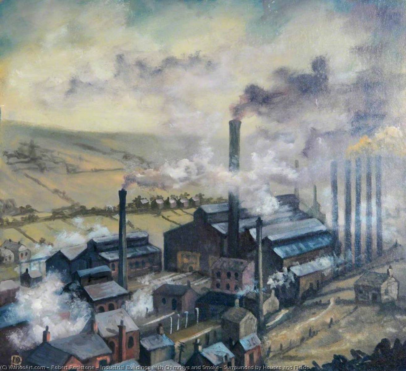 Wikioo.org - The Encyclopedia of Fine Arts - Painting, Artwork by Robert Penistone - Industrial Buildings with Chimneys and Smoke, Surrounded by Houses and Fields