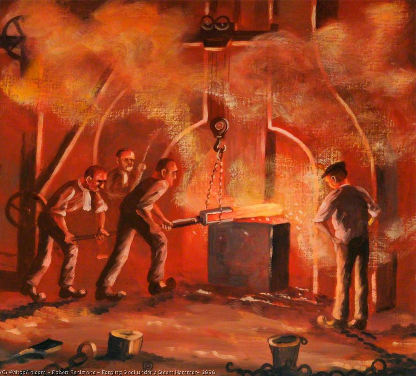 Wikioo.org - The Encyclopedia of Fine Arts - Painting, Artwork by Robert Penistone - Forging Steel under a Steam Hammer, 1930
