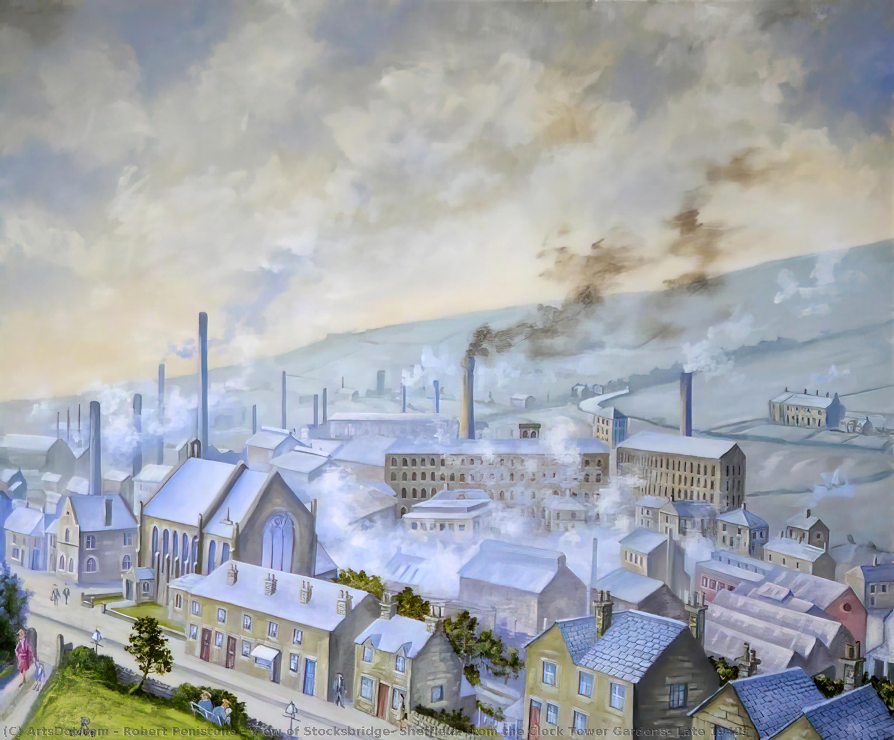 Wikioo.org - The Encyclopedia of Fine Arts - Painting, Artwork by Robert Penistone - View of Stocksbridge, Sheffield, from the Clock Tower Gardens, Late 1940s