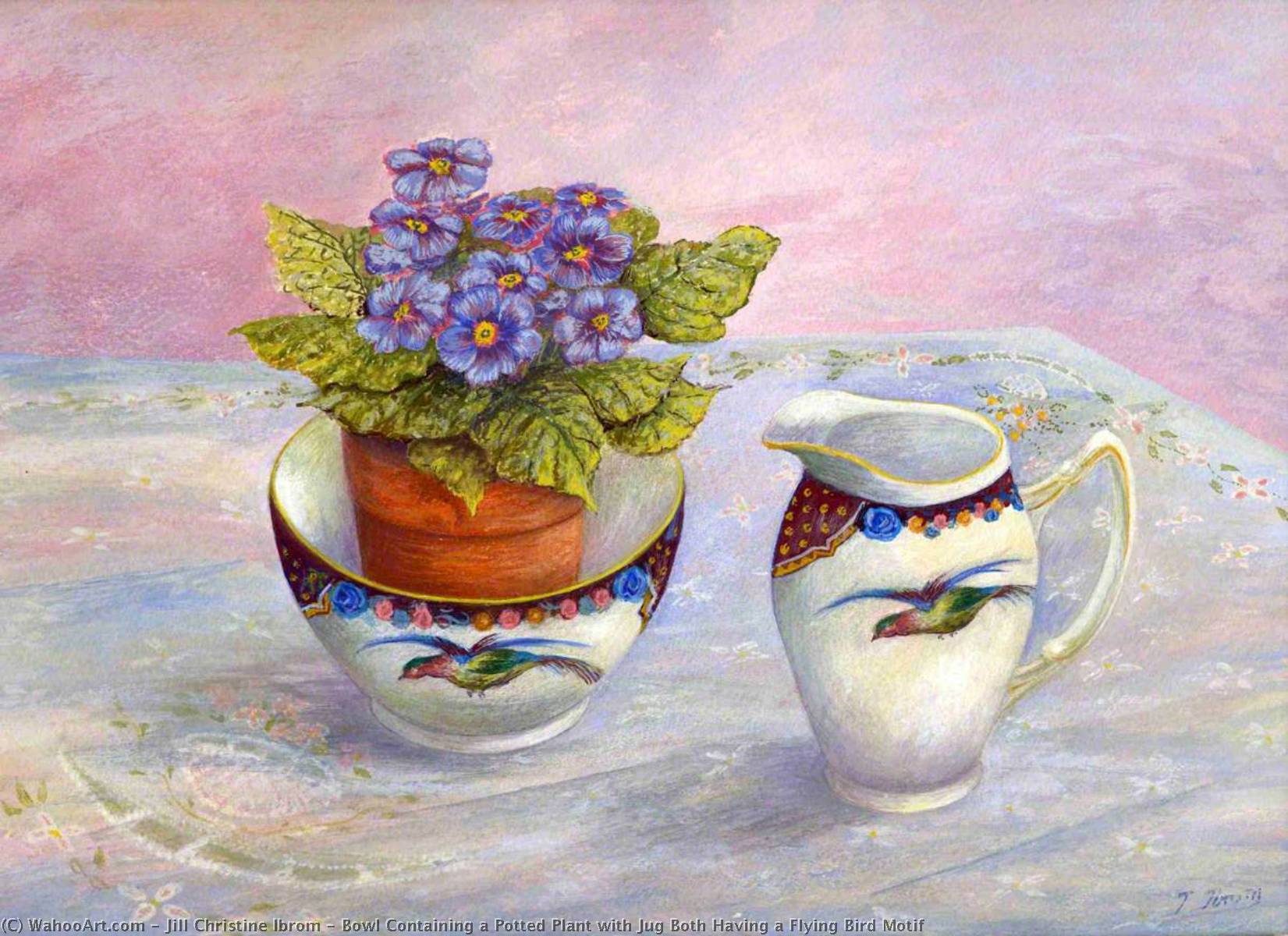 Wikioo.org - The Encyclopedia of Fine Arts - Painting, Artwork by Jill Christine Ibrom - Bowl Containing a Potted Plant with Jug Both Having a Flying Bird Motif