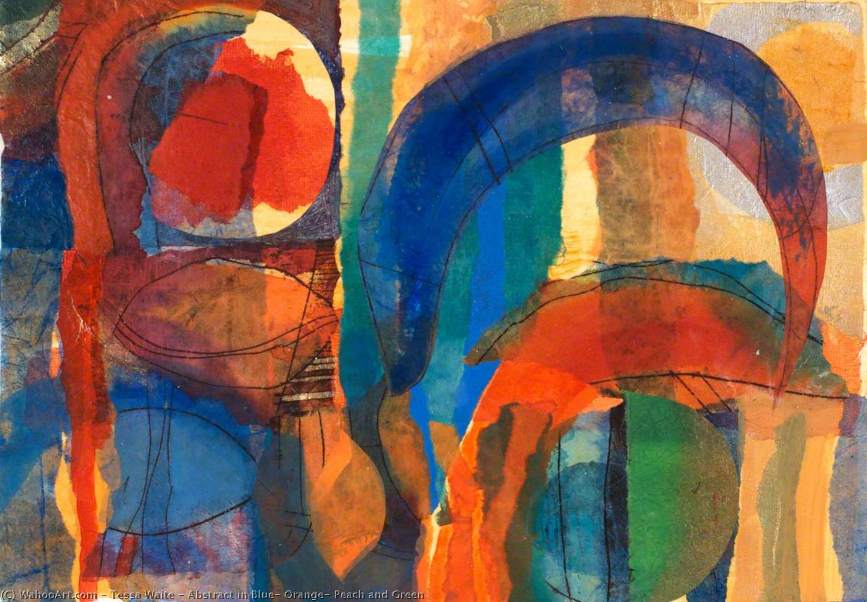 Wikioo.org - The Encyclopedia of Fine Arts - Painting, Artwork by Tessa Waite - Abstract in Blue, Orange, Peach and Green