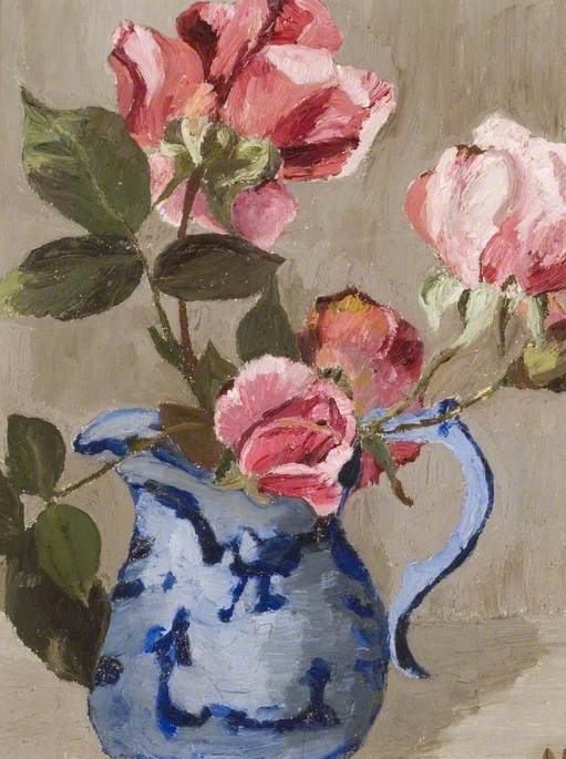 Wikioo.org - The Encyclopedia of Fine Arts - Painting, Artwork by Alice Stainton - Roses in a Blue Jug