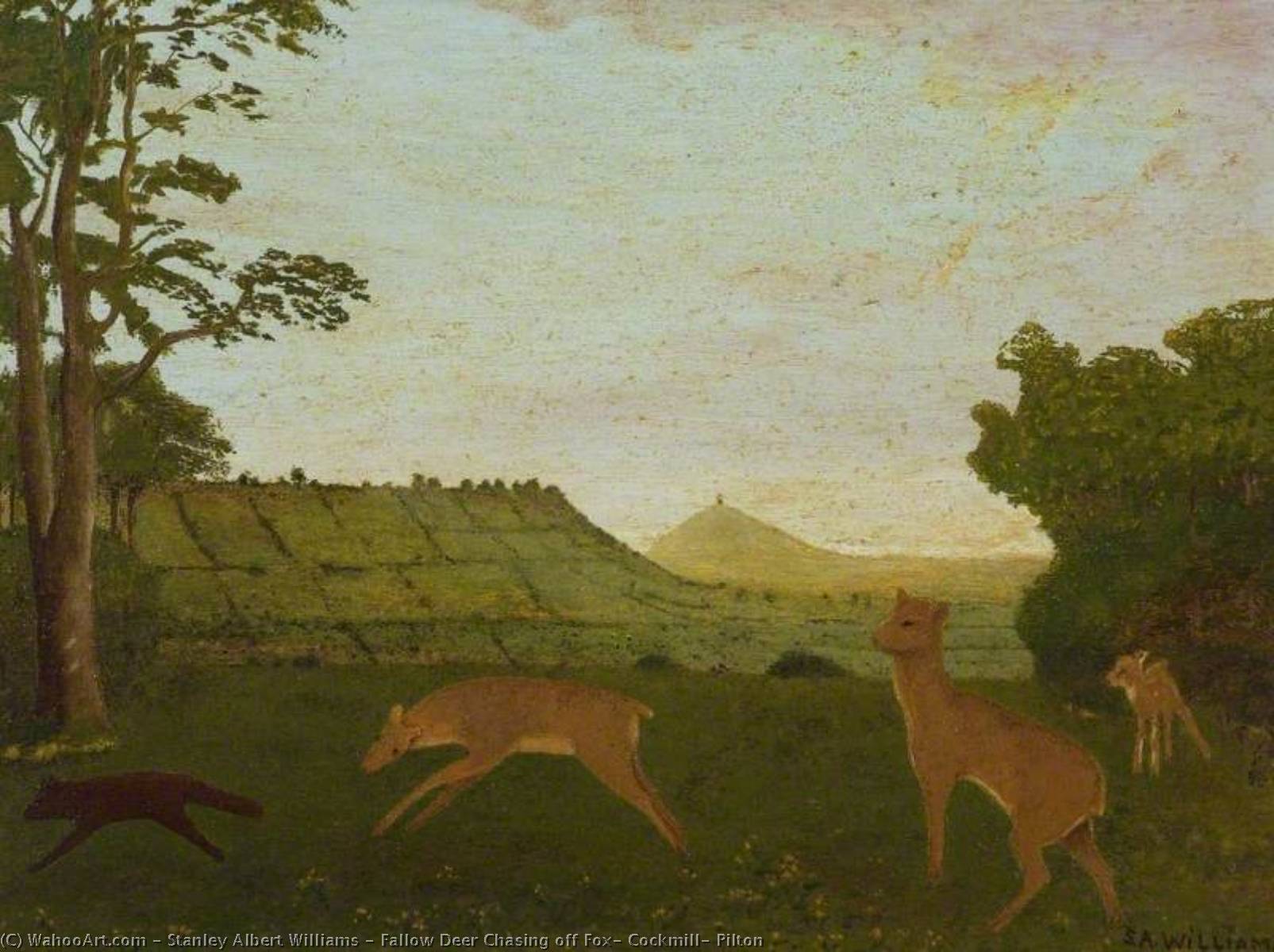 Wikioo.org - The Encyclopedia of Fine Arts - Painting, Artwork by Stanley Albert Williams - Fallow Deer Chasing off Fox, Cockmill, Pilton